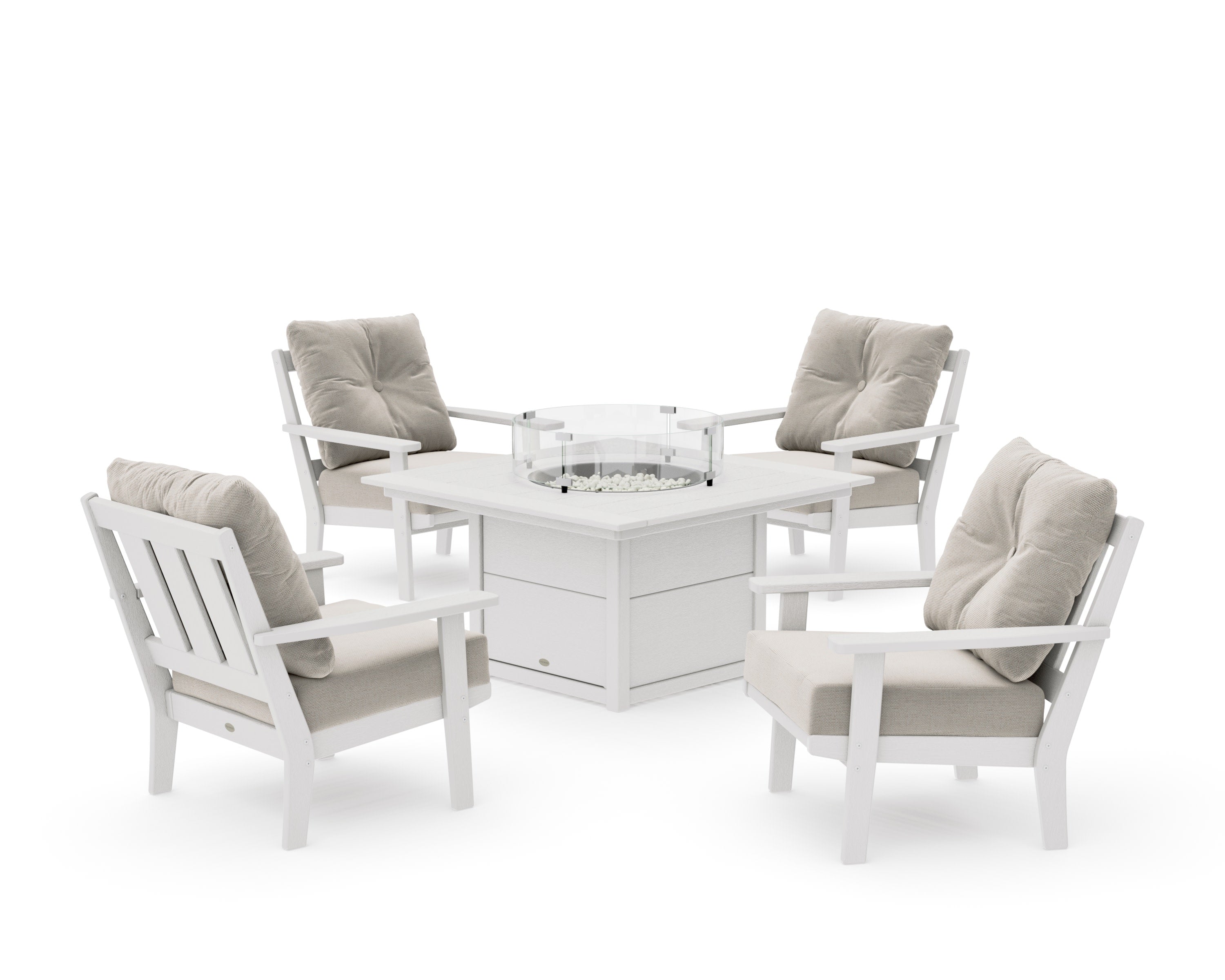 Oxford 5-Piece Deep Seating Set with Fire Pit Table in Vintage White / Dune Burlap