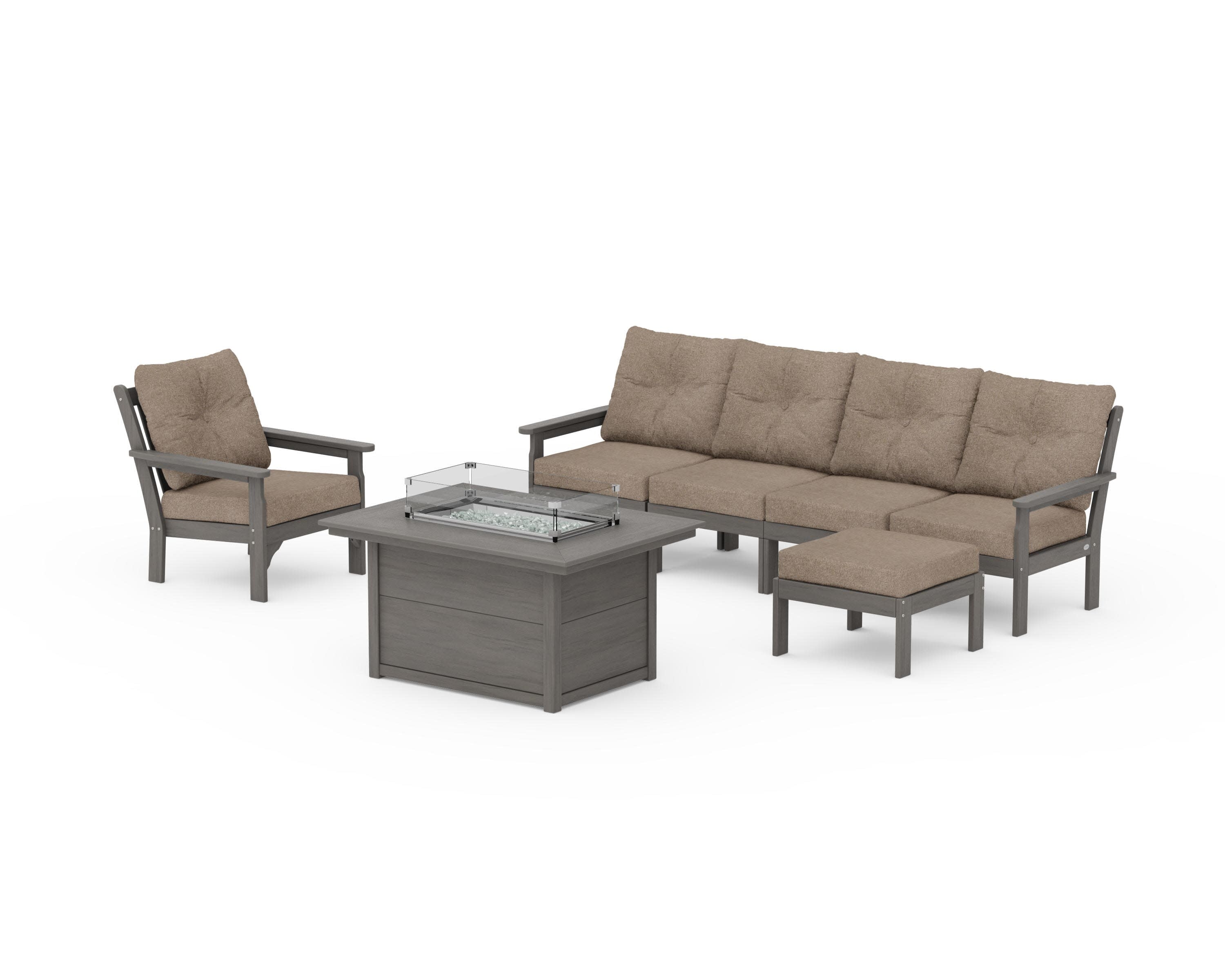 Vineyard Sectional Lounge and Fire Pit Set in Driftwood / Spiced Burlap