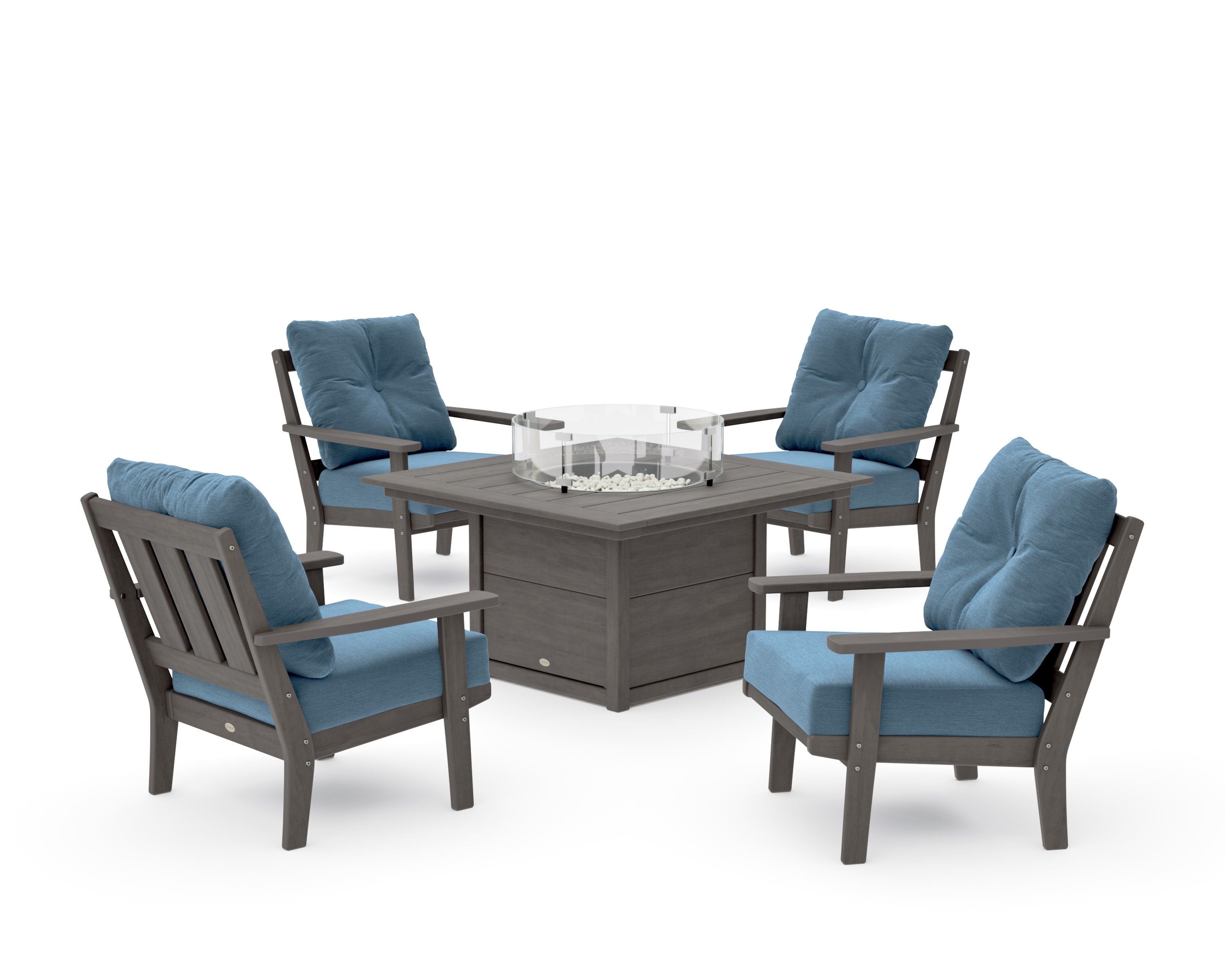 Oxford 5-Piece Deep Seating Set with Fire Pit Table in Driftwood / Sky Blue
