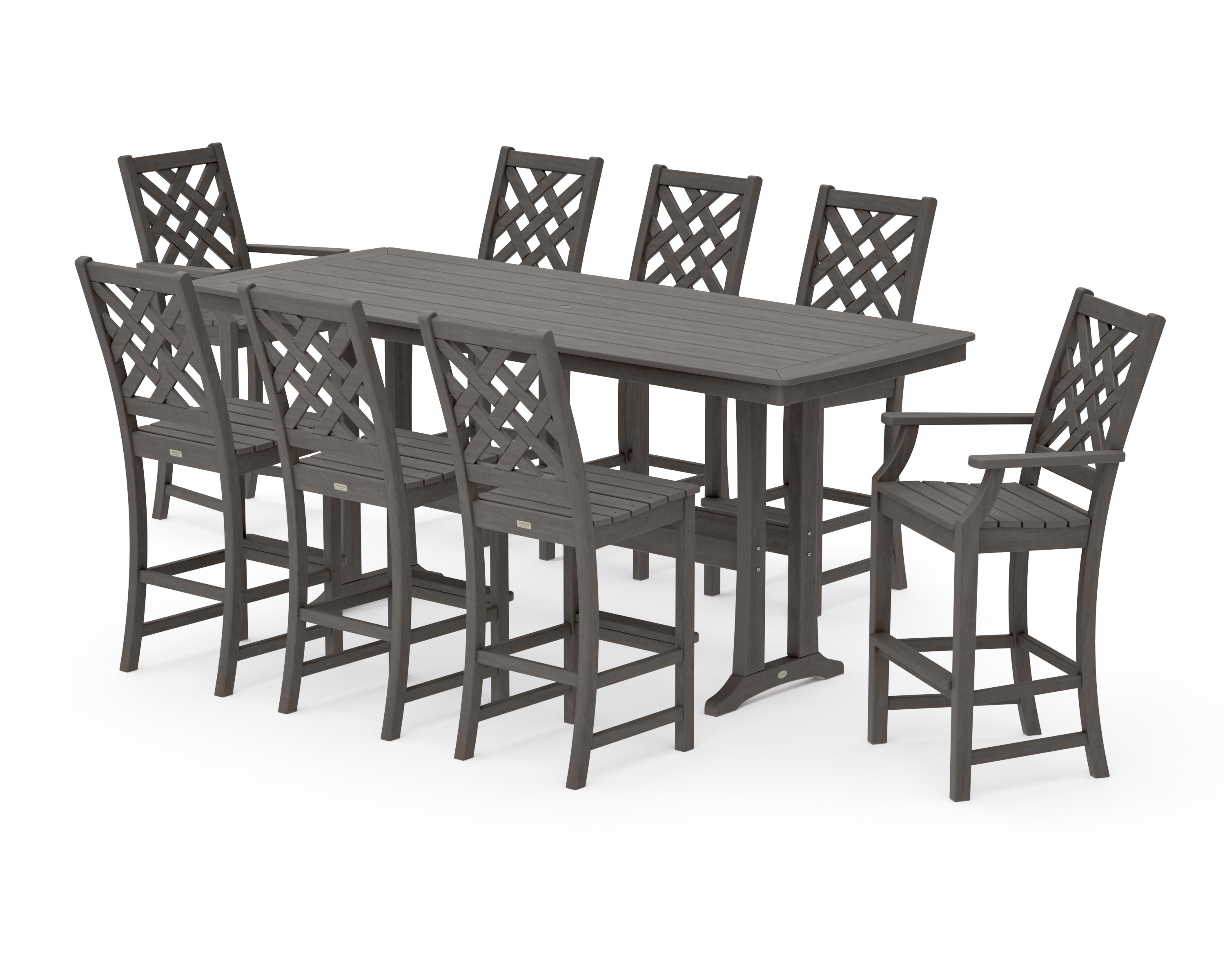 Wovendale 9-Piece Bar Set with Trestle Legs in Driftwood