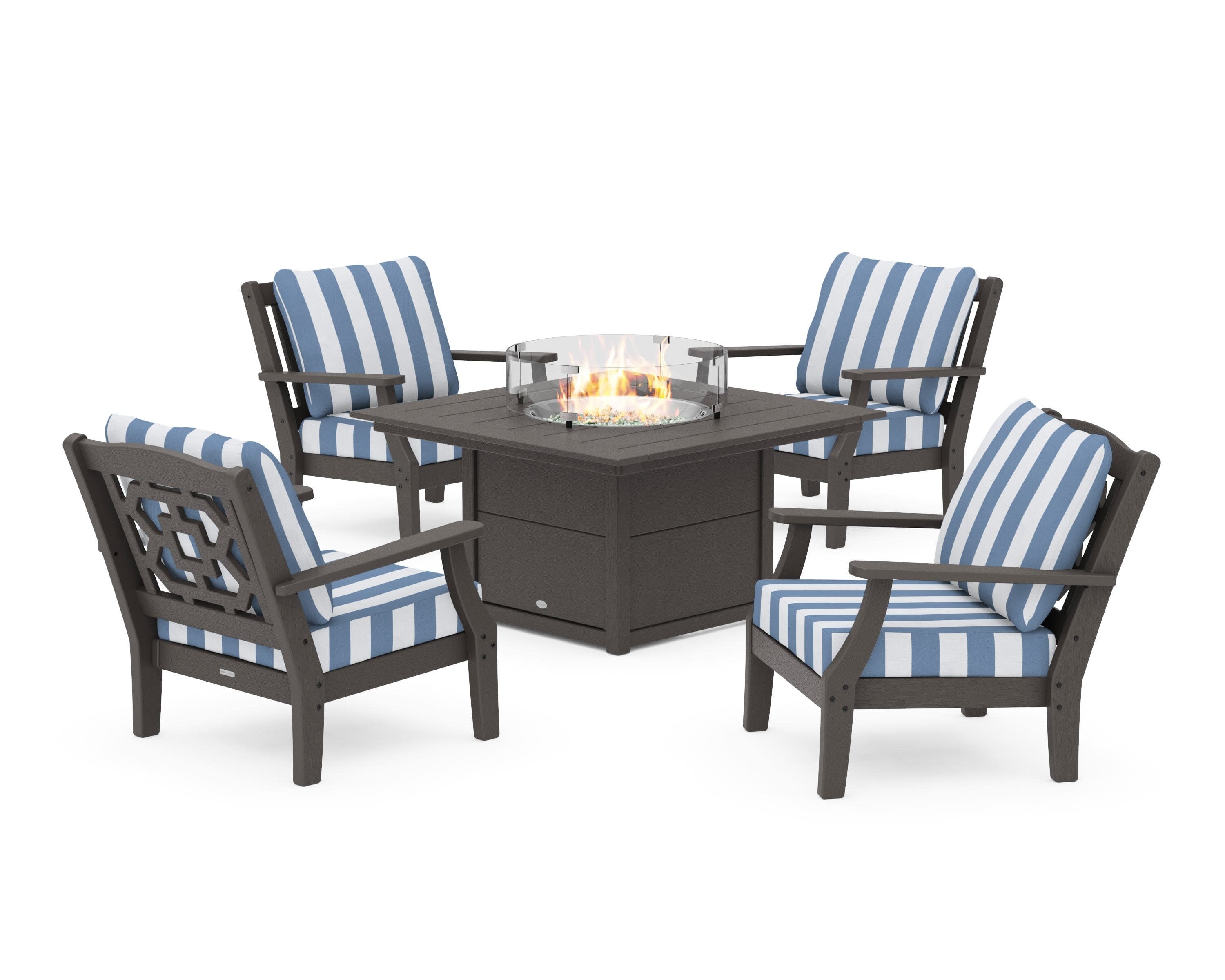 Chinoiserie 5-Piece Deep Seating Set with Fire Pit Table in Vintage Coffee / Cabana Stripe Sky Blue