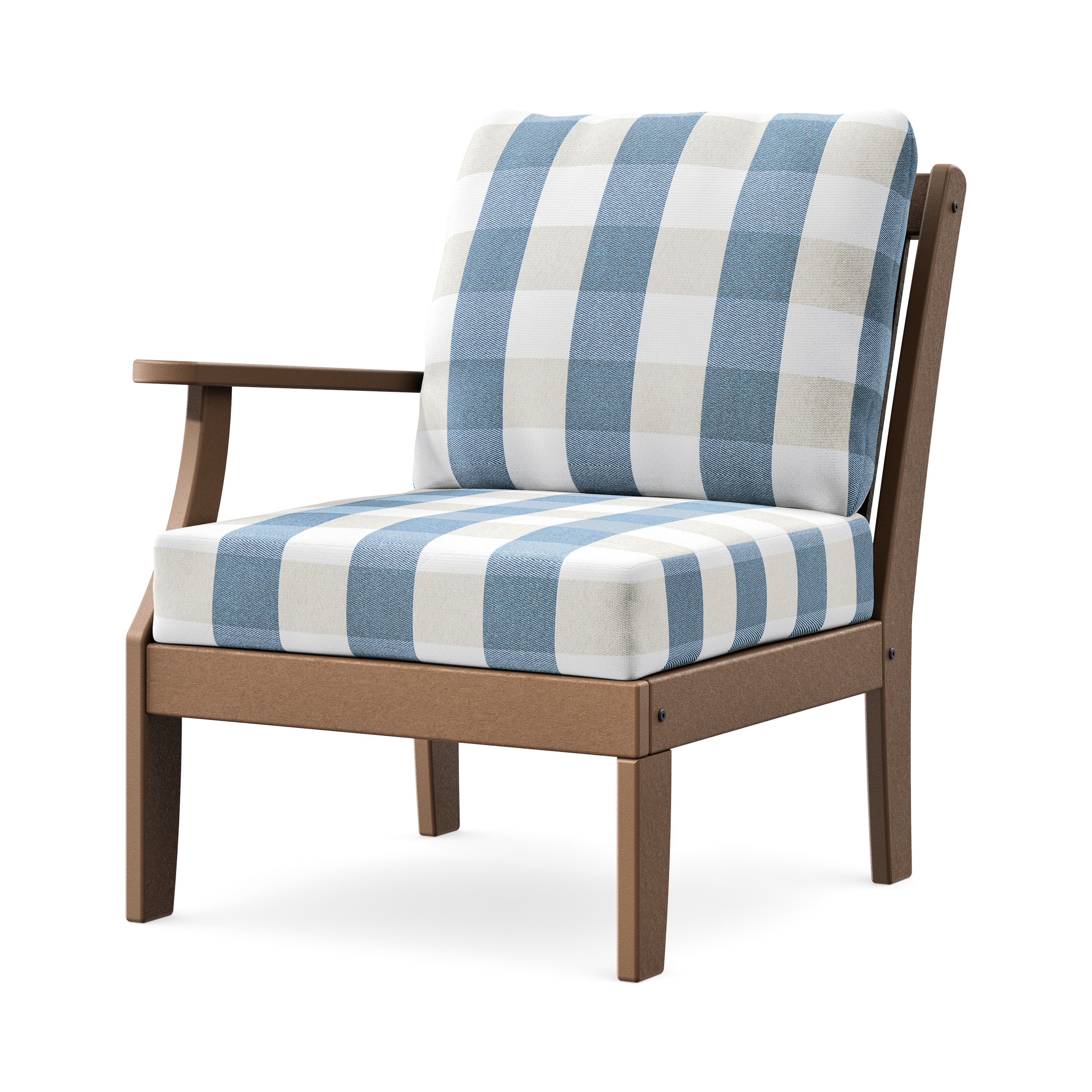 Braxton Modular Left Arm Chair in Teak / Buffalo Plaid Sky Blue