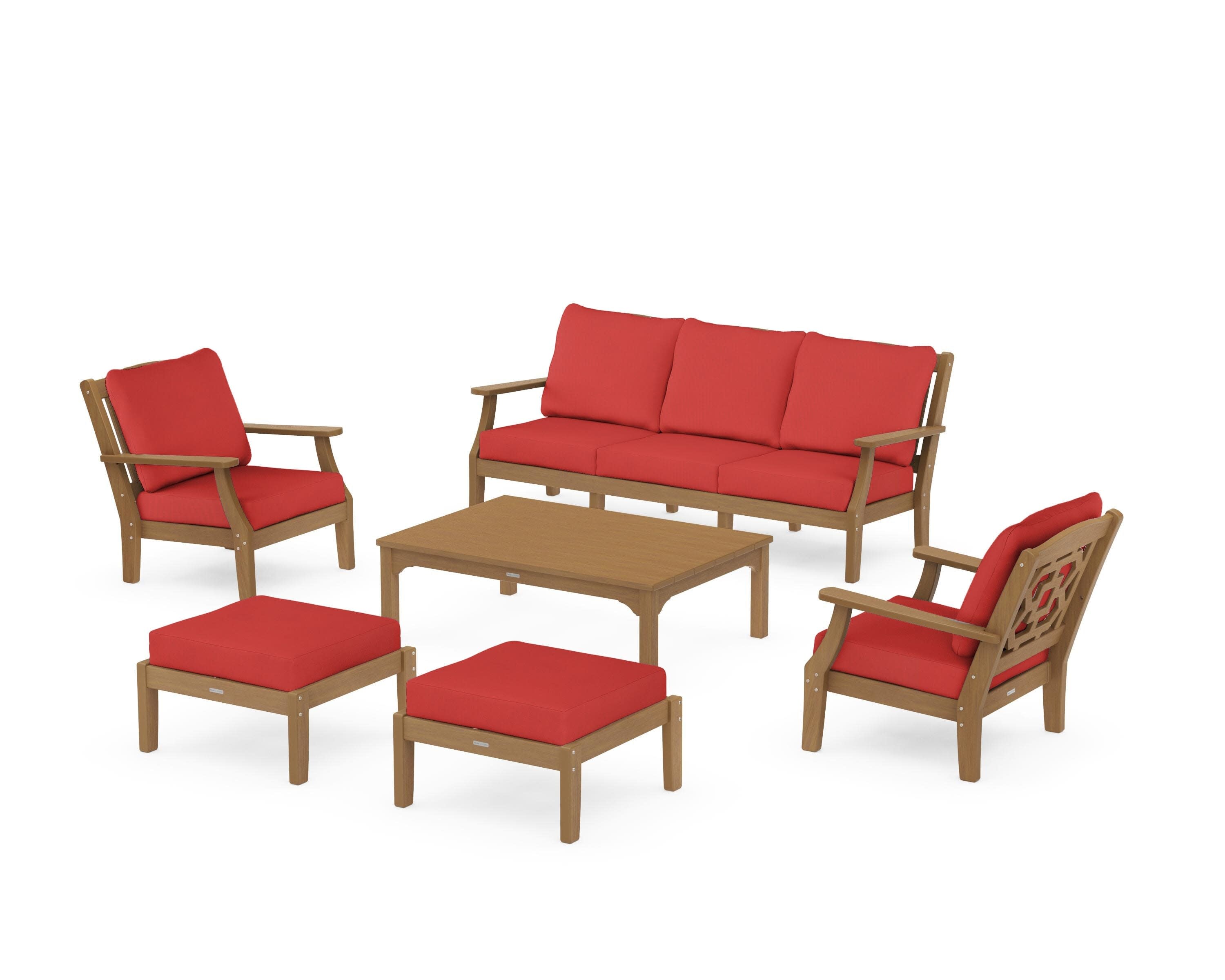 Chinoiserie 6-Piece Lounge Sofa Set in Natural / Crimson Linen