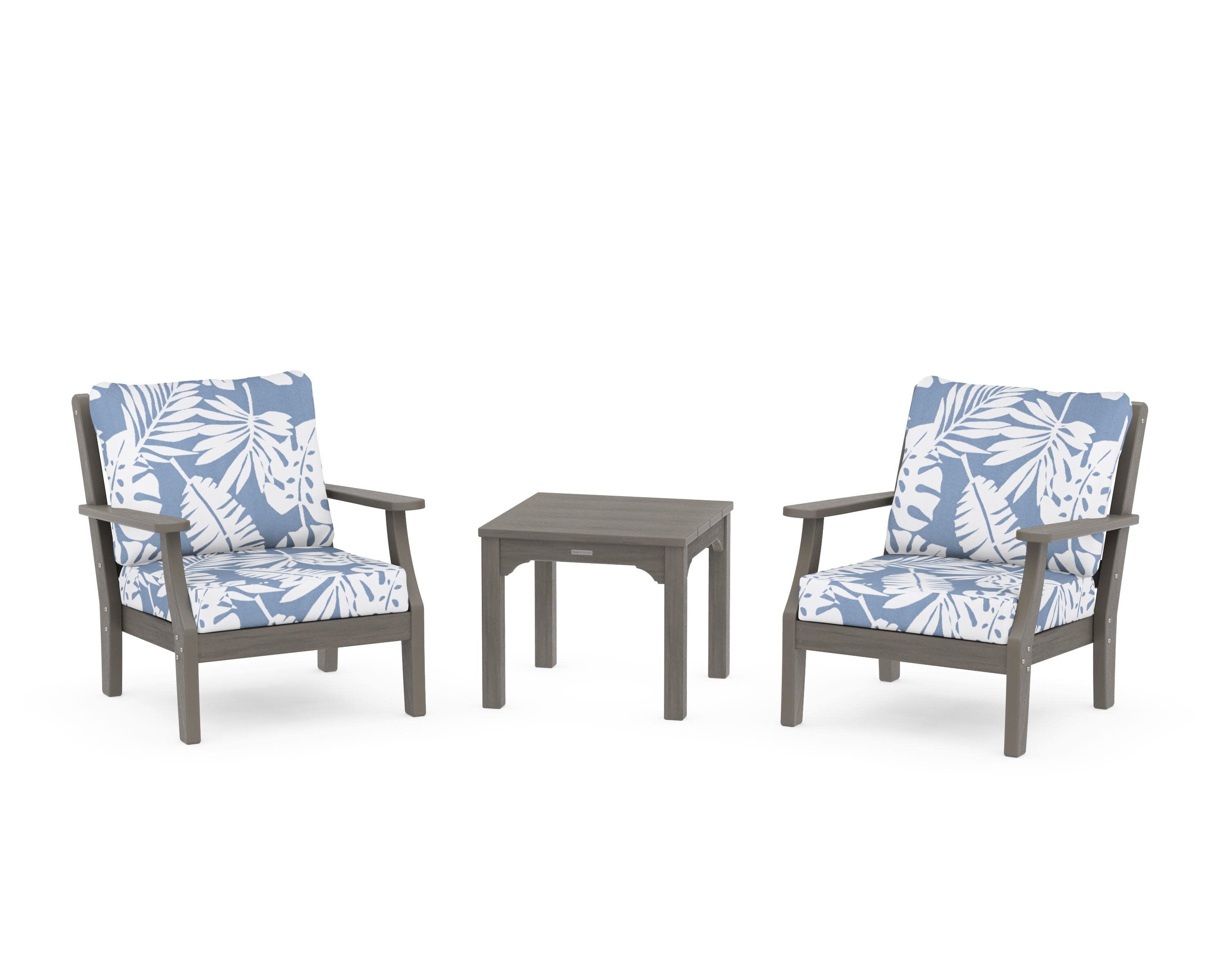 Chinoiserie 3-Piece Deep Seating Set in Driftwood / Leaf Sky Blue
