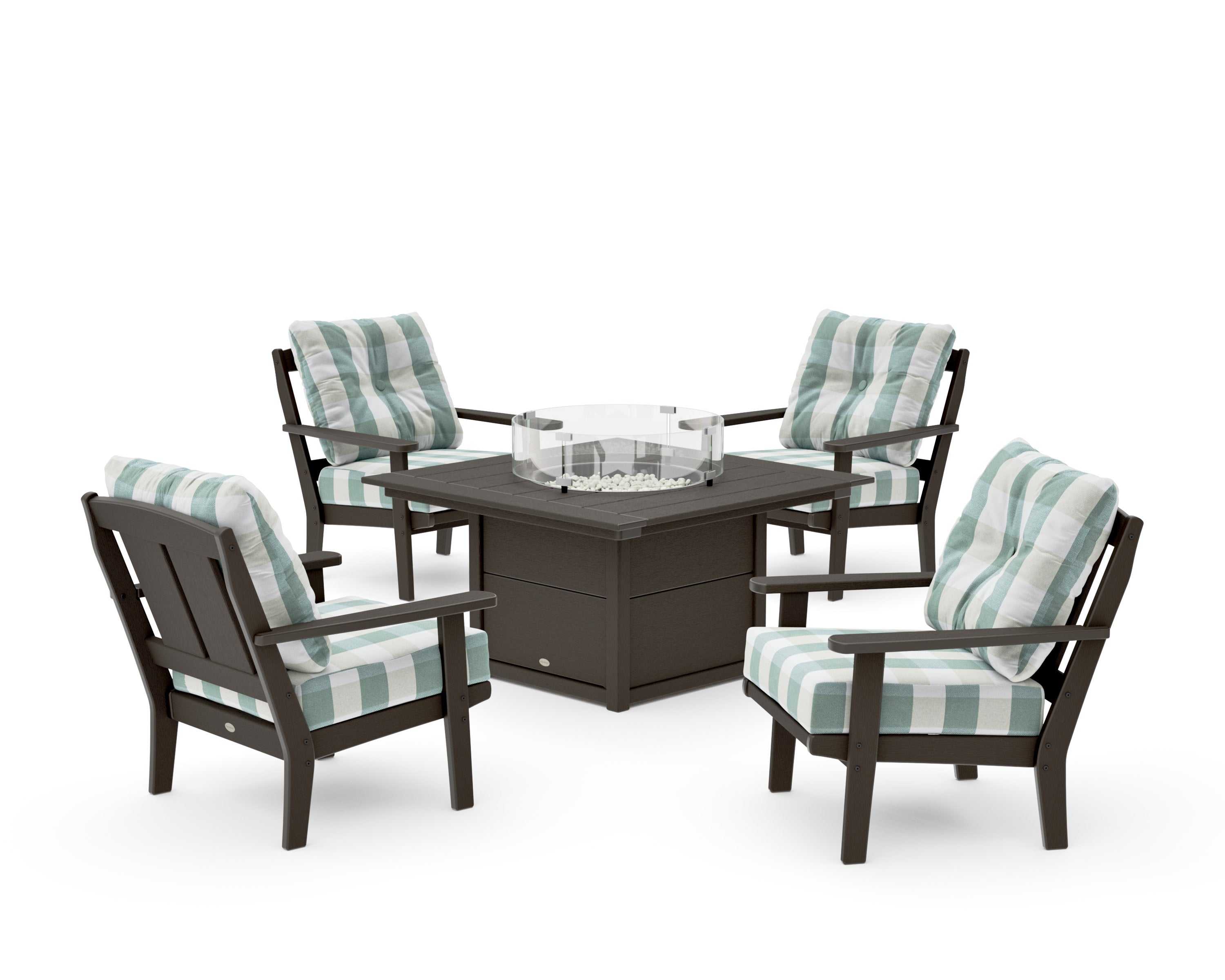 Mission 5-Piece Deep Seating Set with Fire Pit Table in Vintage Coffee / Buffalo Plaid Glacier Spa