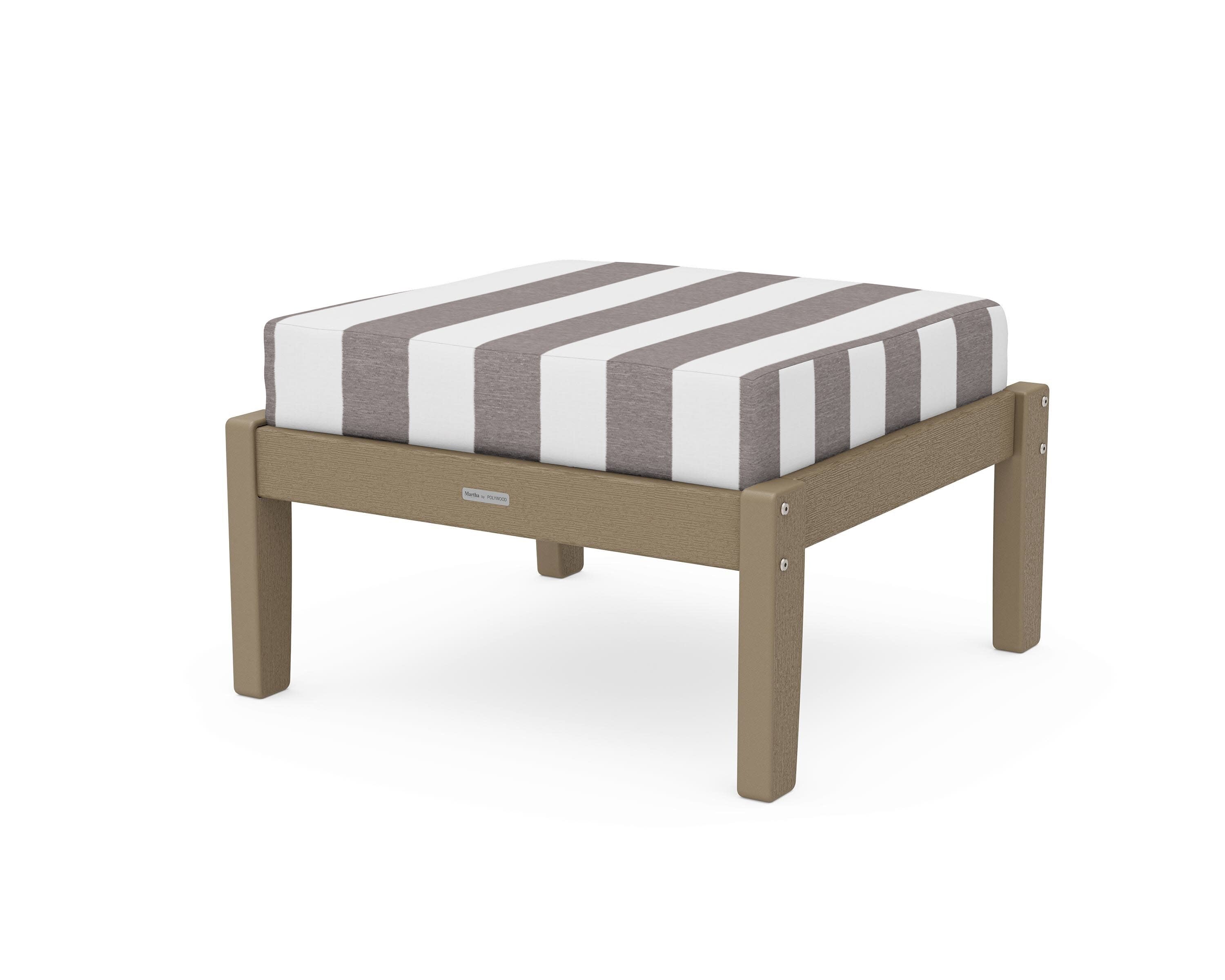 Chinoiserie Deep Seating Ottoman in Vintage Sahara / Cabana Stripe Grey Mist