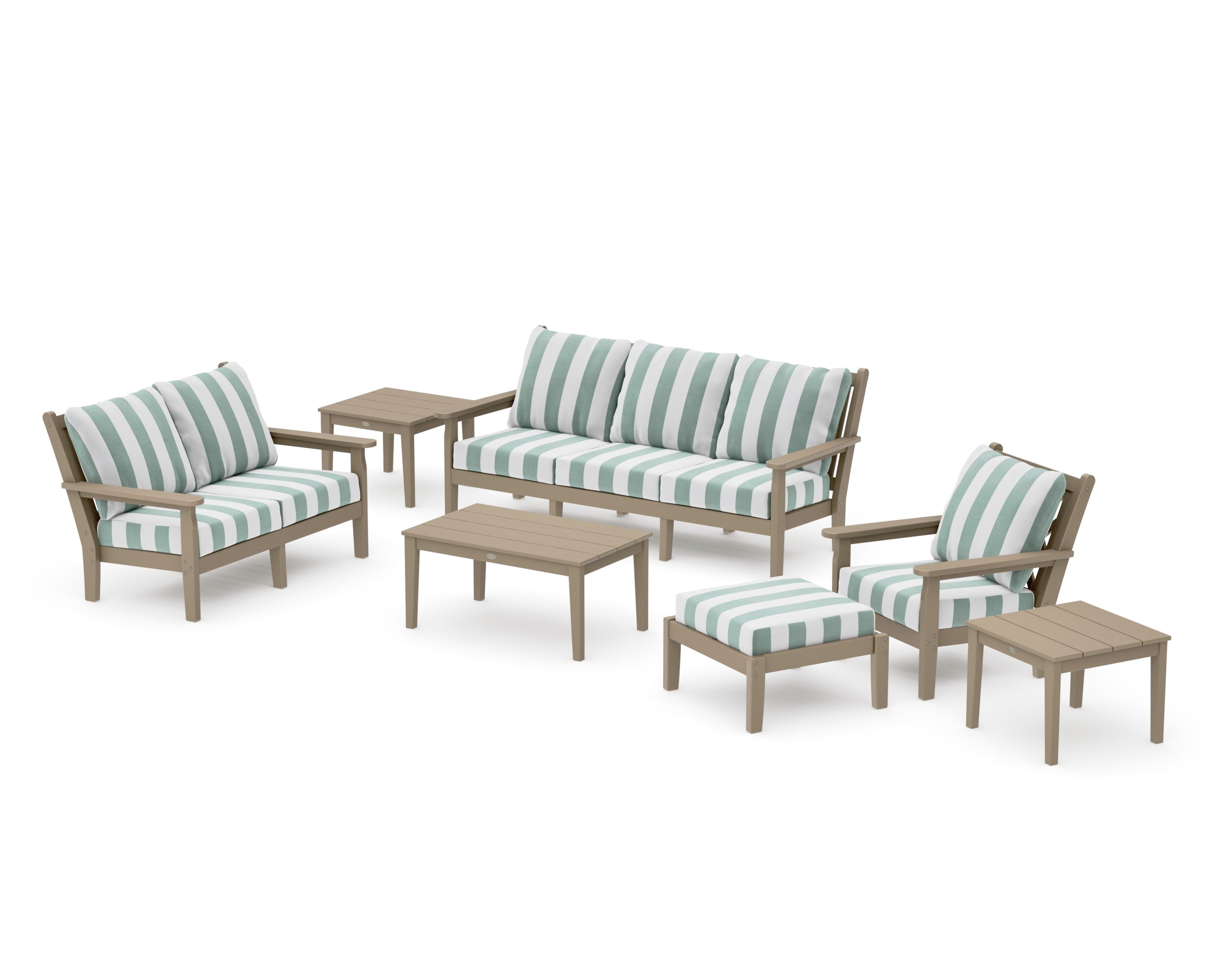 Chippendale 7-Piece Deep Seating Set in Vintage Sahara / Cabana Stripe Glacier Spa