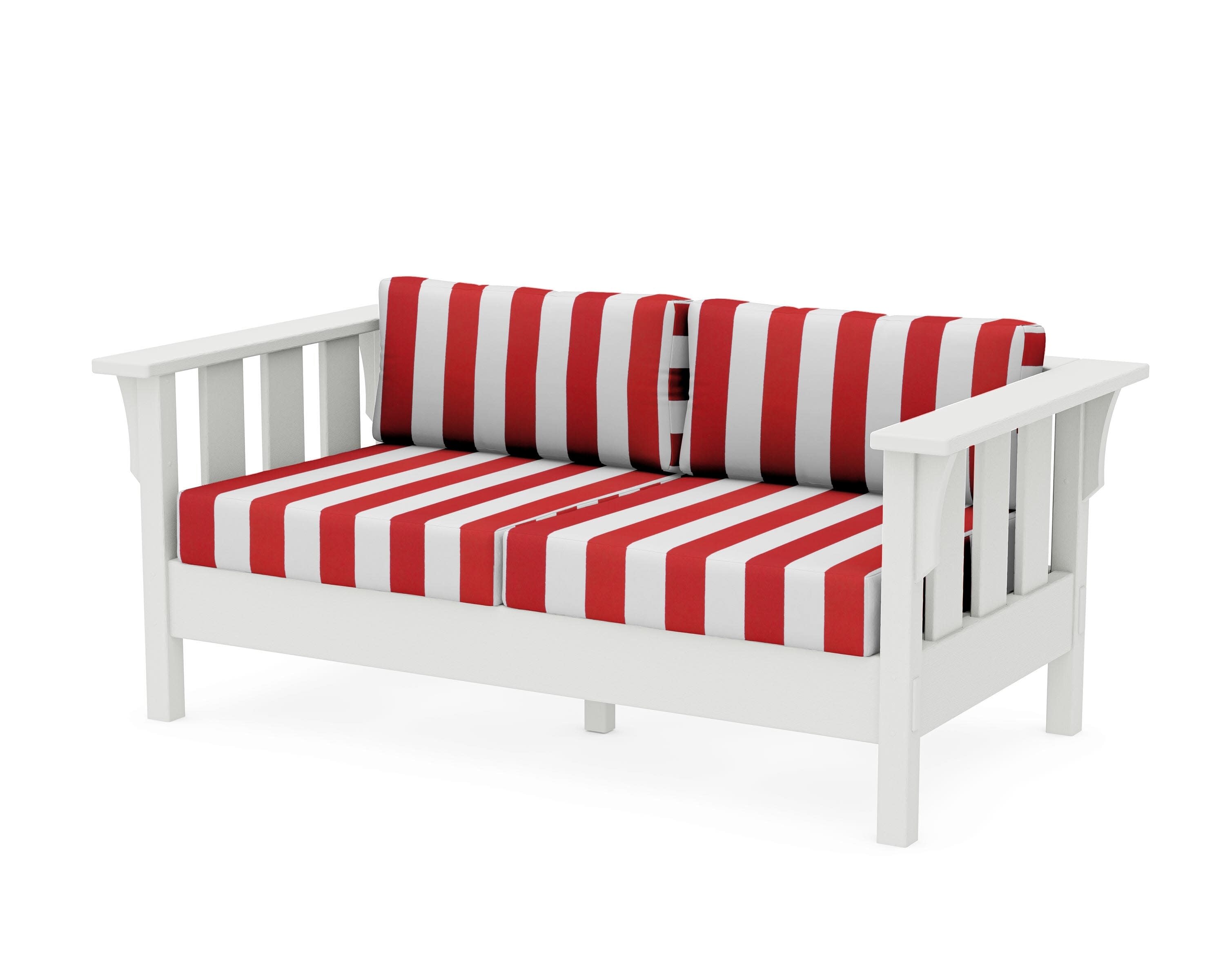 Acadia Deep Seating Loveseat in Vintage White / Cabana Stripe Crimson