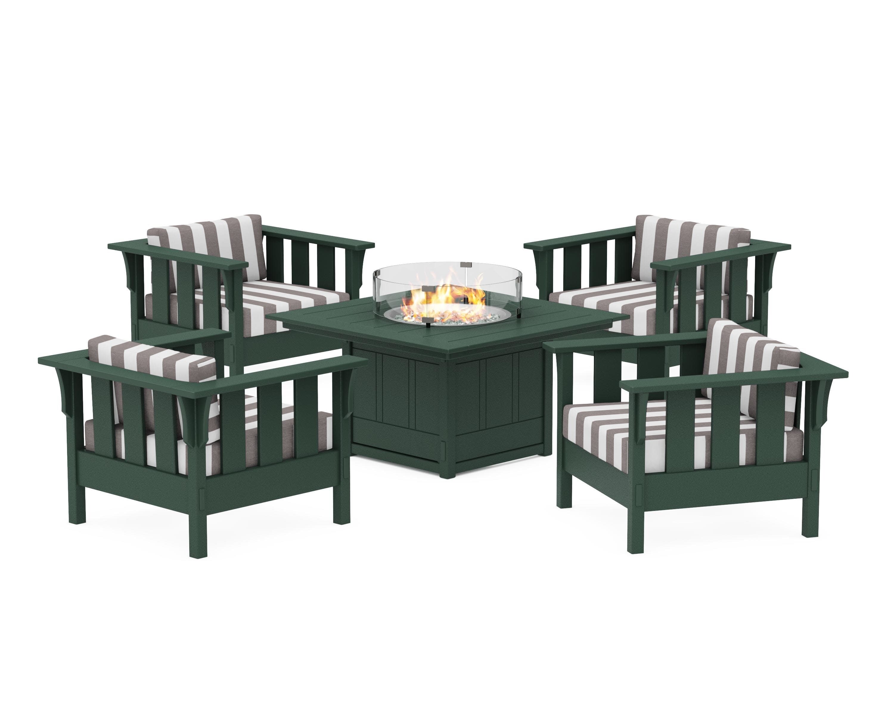 Acadia 5-Piece Deep Seating Set with Fire Pit Table in Green / Cabana Stripe Grey Mist