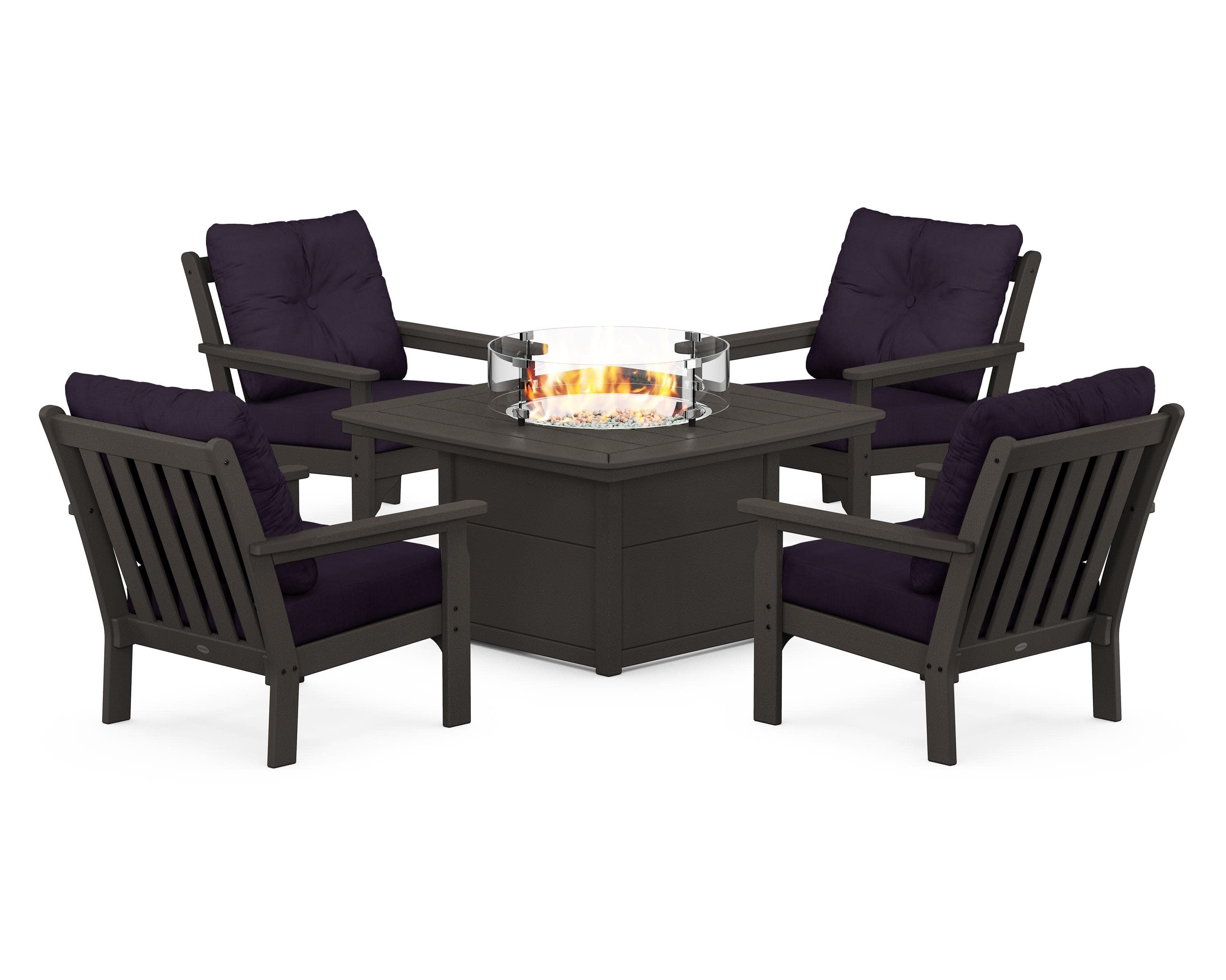 Vineyard 5-Piece Conversation Set with Fire Pit Table in Vintage Coffee / Navy Linen