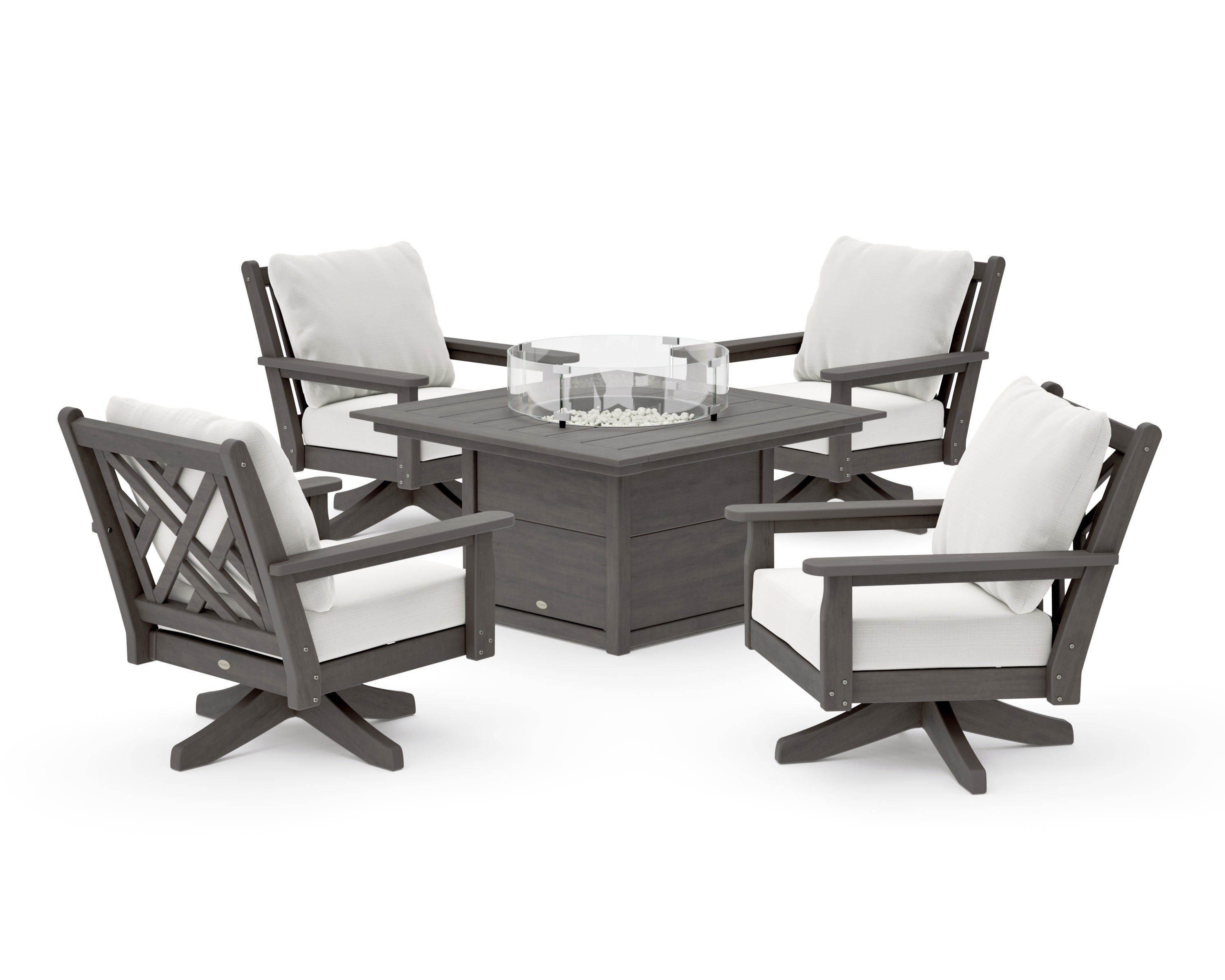 Chippendale 5-Piece Deep Seating Swivel Conversation Set with Fire Pit Table in Driftwood / Natural Linen