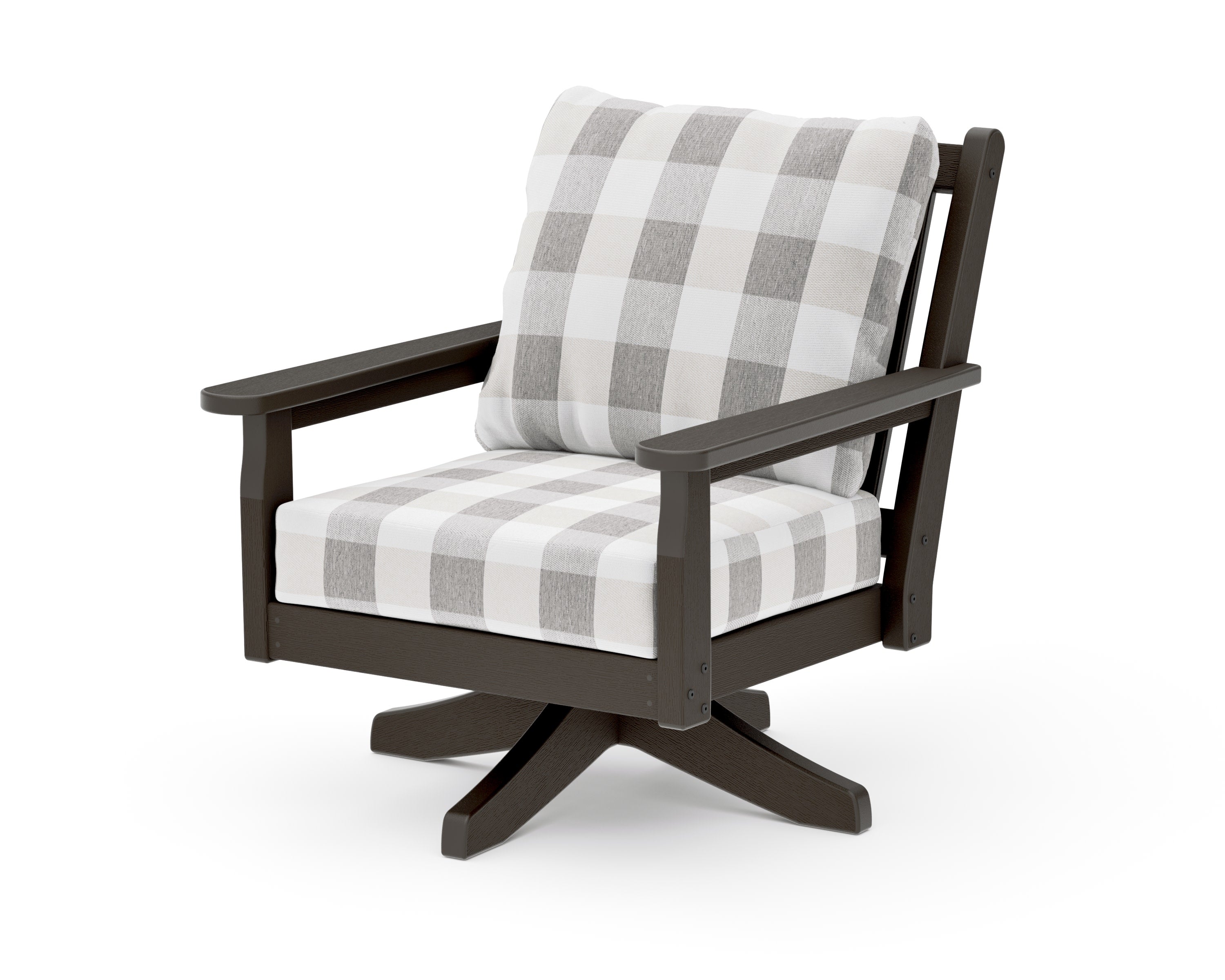 Chippendale Deep Seating Swivel Chair in Vintage Coffee / Buffalo Plaid Grey Mist
