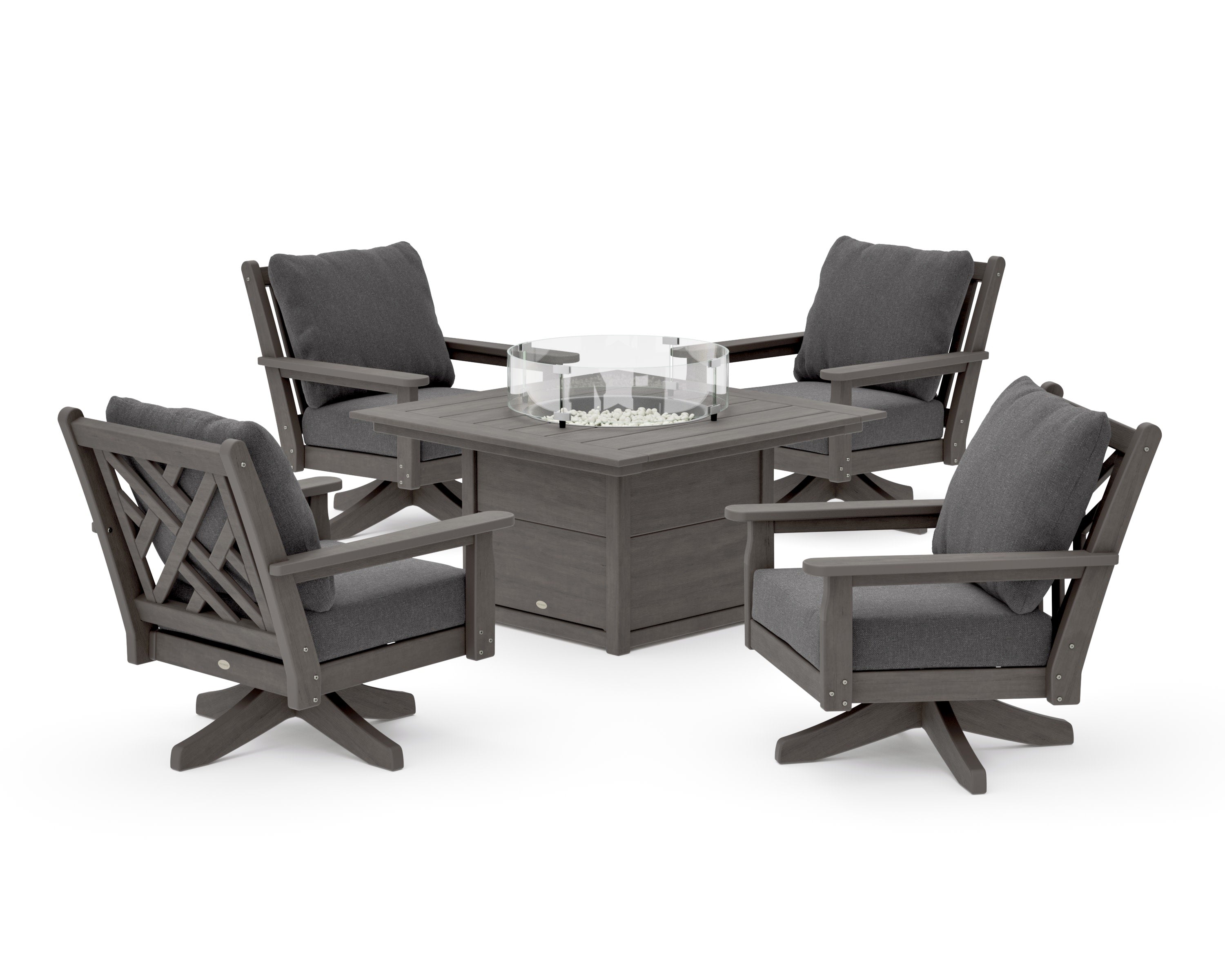 Chippendale 5-Piece Deep Seating Swivel Conversation Set with Fire Pit Table in Driftwood / Ash Charcoal