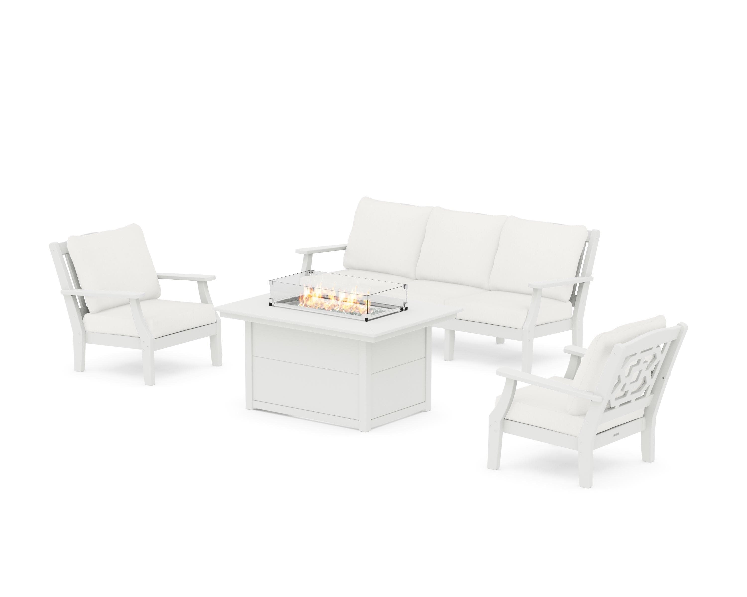 Chinoiserie Deep Seating Fire Pit Table Set in Vintage White / Natural Linen