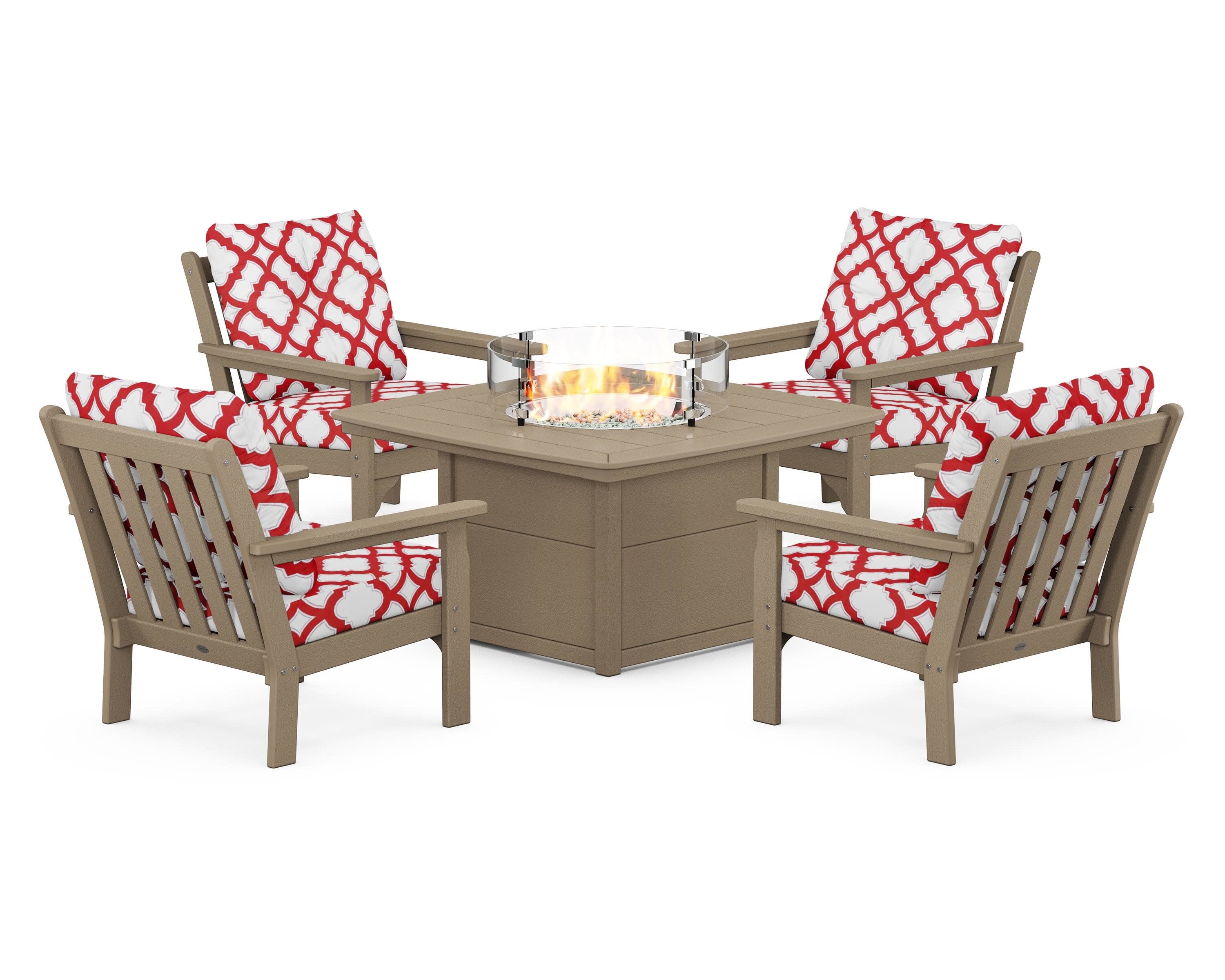 Vineyard 5-Piece Conversation Set with Fire Pit Table in Vintage Sahara / Trellis Crimson