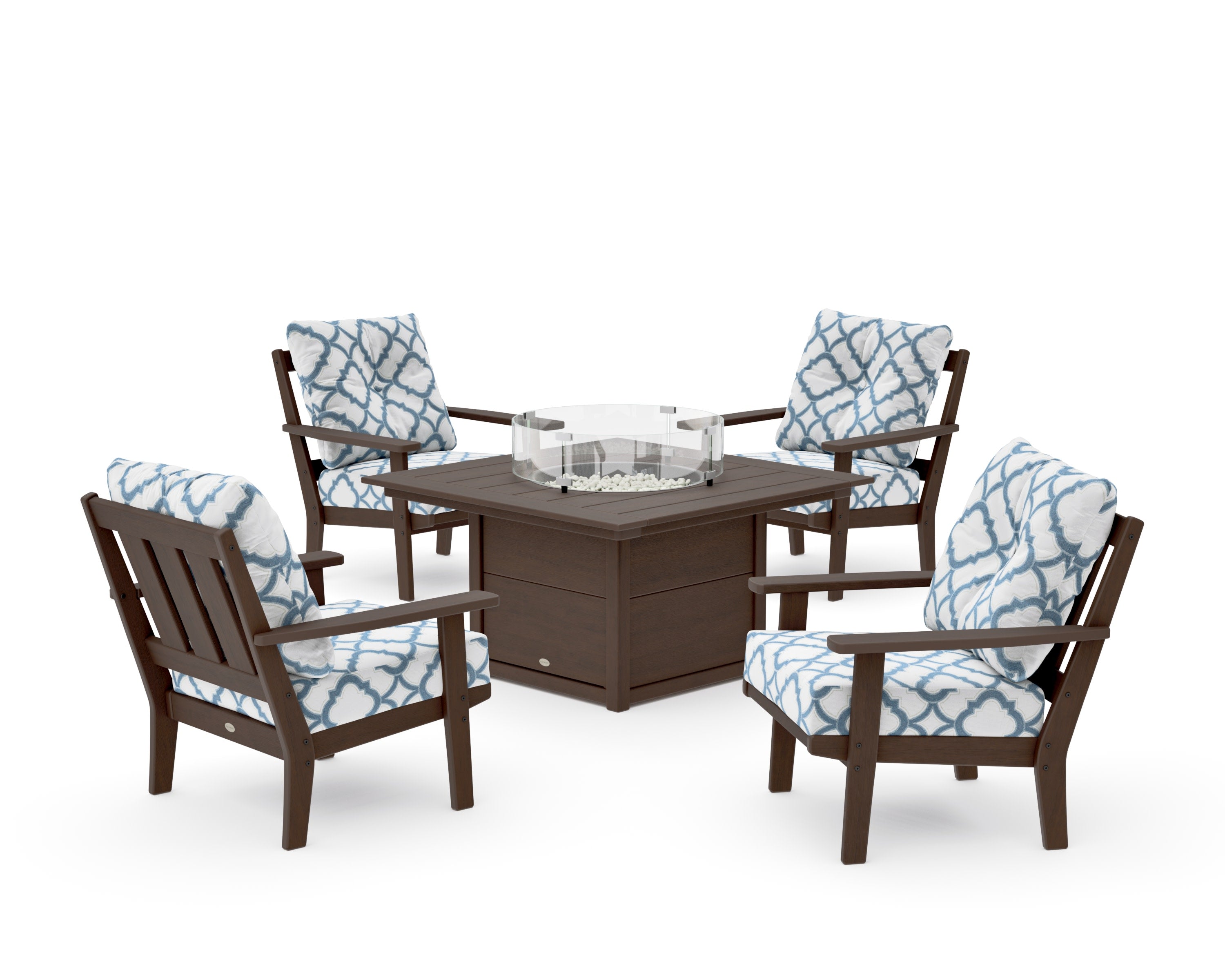 Oxford 5-Piece Deep Seating Set with Fire Pit Table in Kona / Trellis Sky Blue