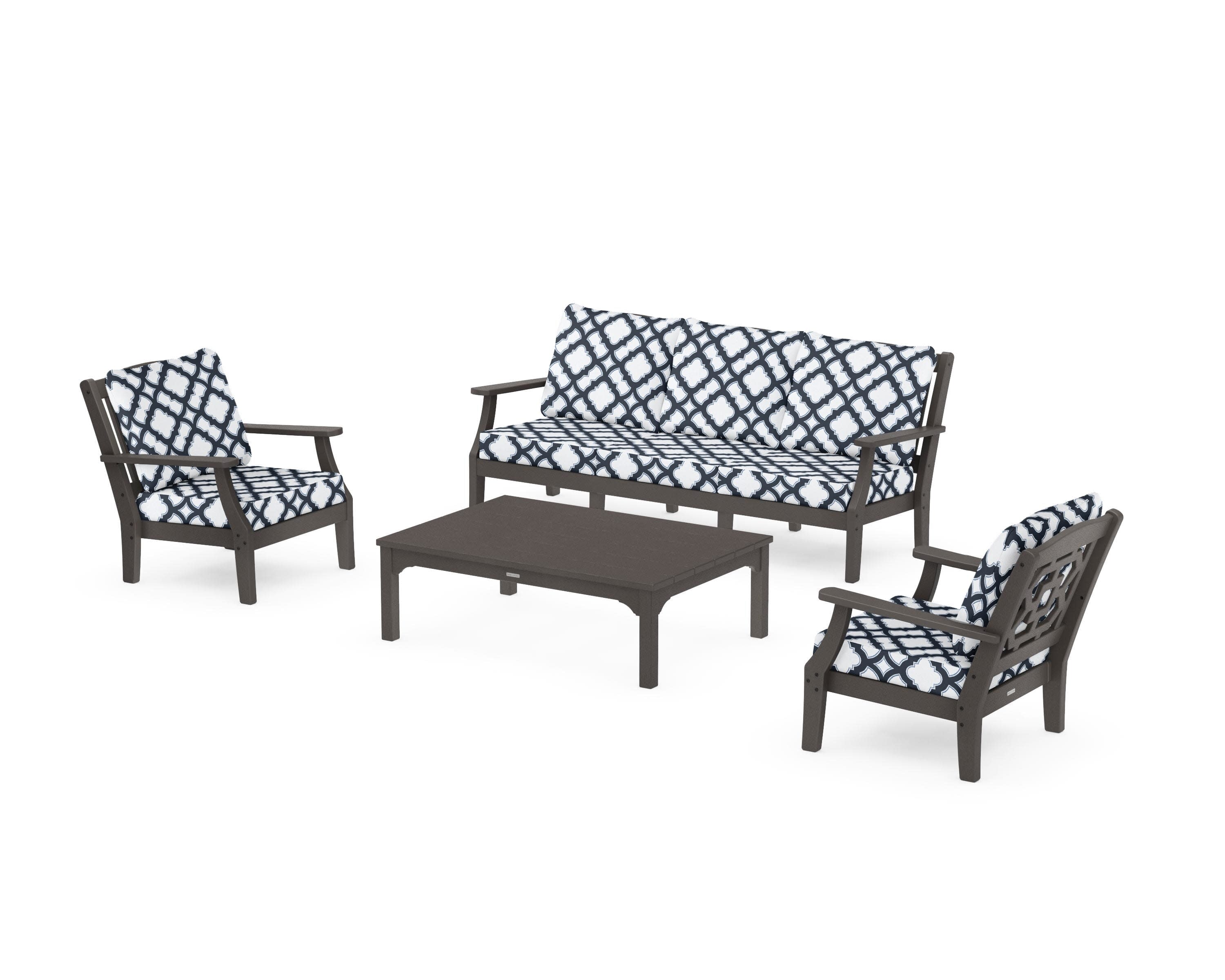 Chinoiserie 4-Piece Deep Seating Set with Sofa in Vintage Coffee / Trellis Marine Indigo