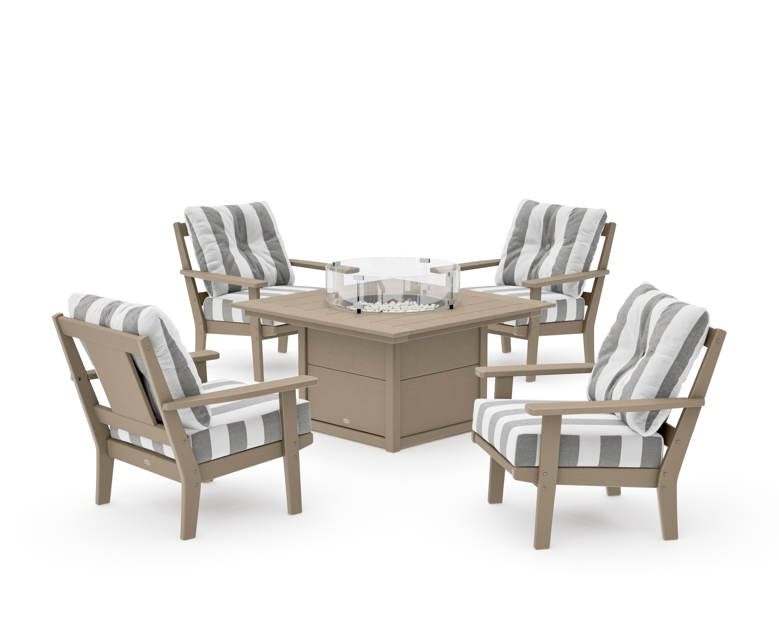 Prairie 5-Piece Deep Seating Set with Fire Pit Table in Vintage Sahara / Cabana Stripe Grey Mist