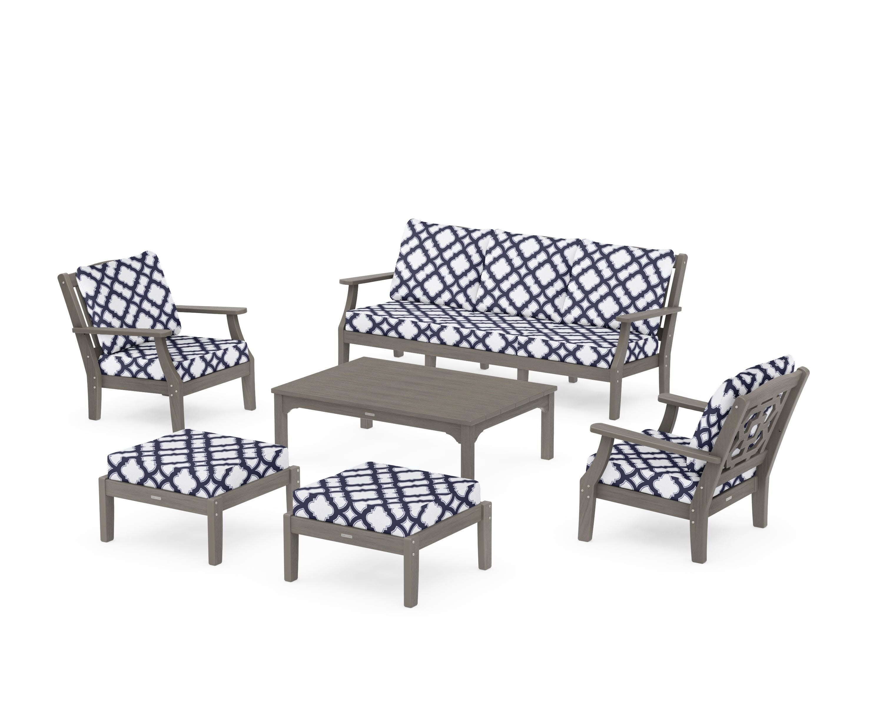 Chinoiserie 6-Piece Lounge Sofa Set in Driftwood / Trellis Navy