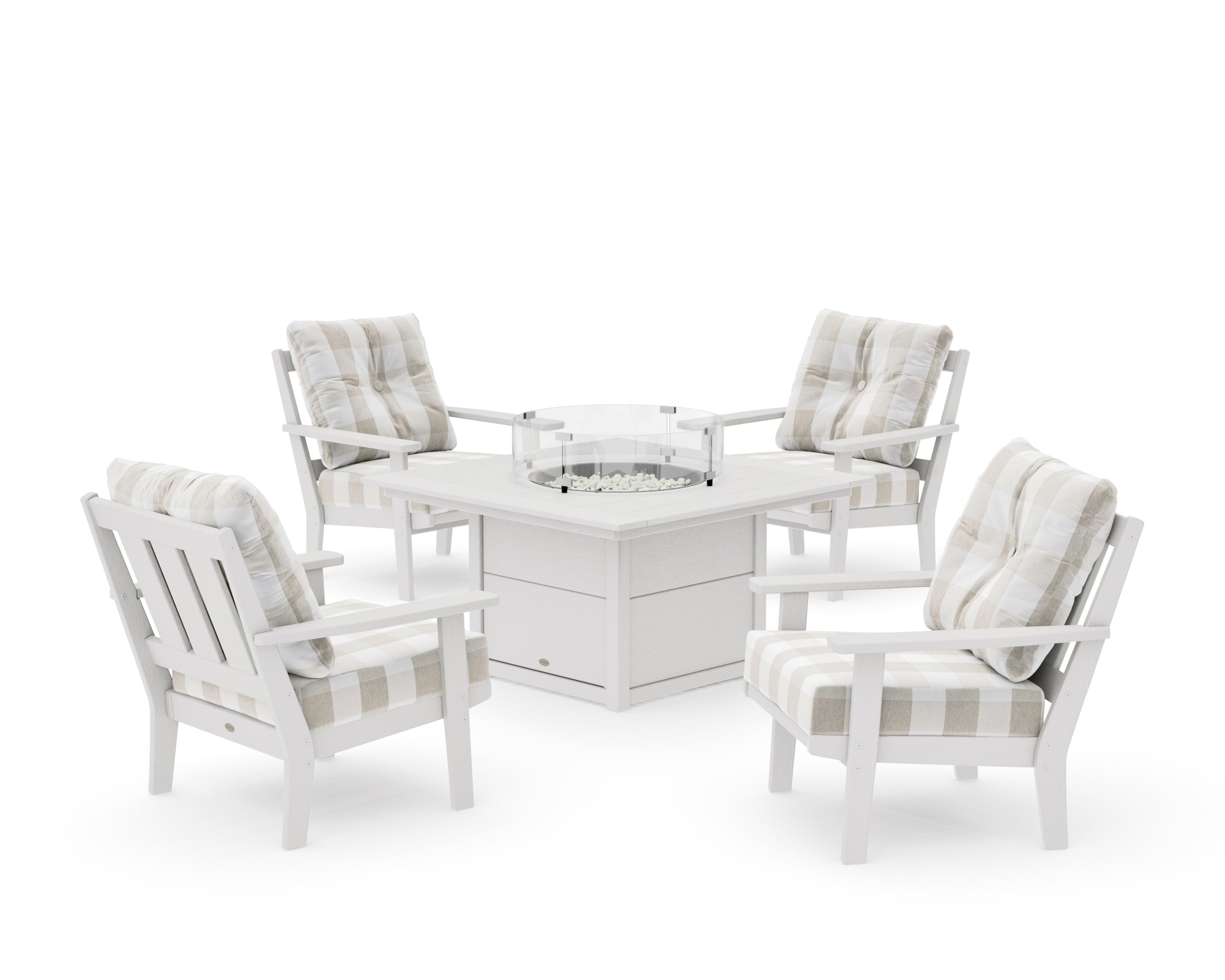 Oxford 5-Piece Deep Seating Set with Fire Pit Table in Vintage White / Buffalo Plaid Dune Burlap