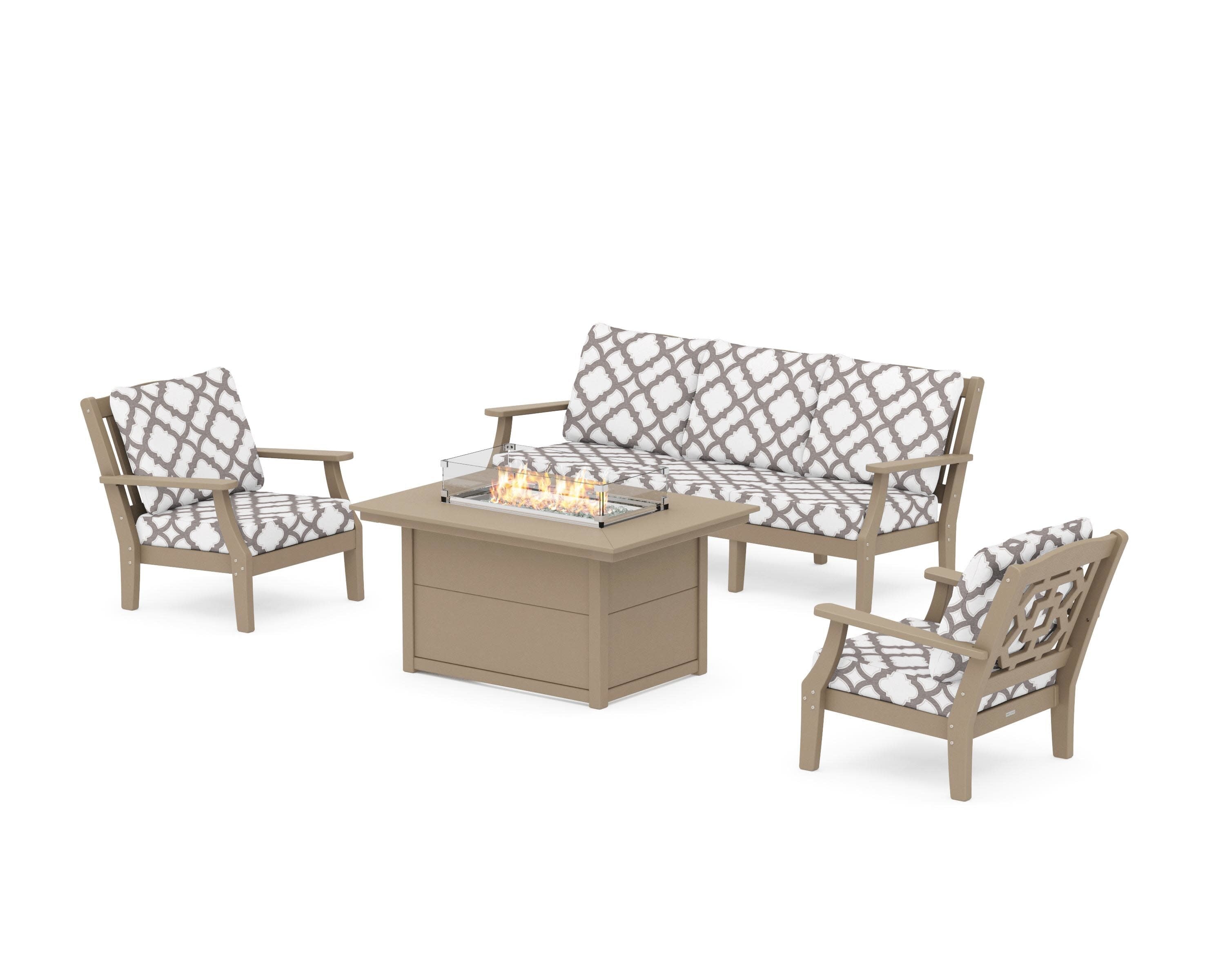 Chinoiserie Deep Seating Fire Pit Table Set in Vintage Sahara / Trellis Grey Mist