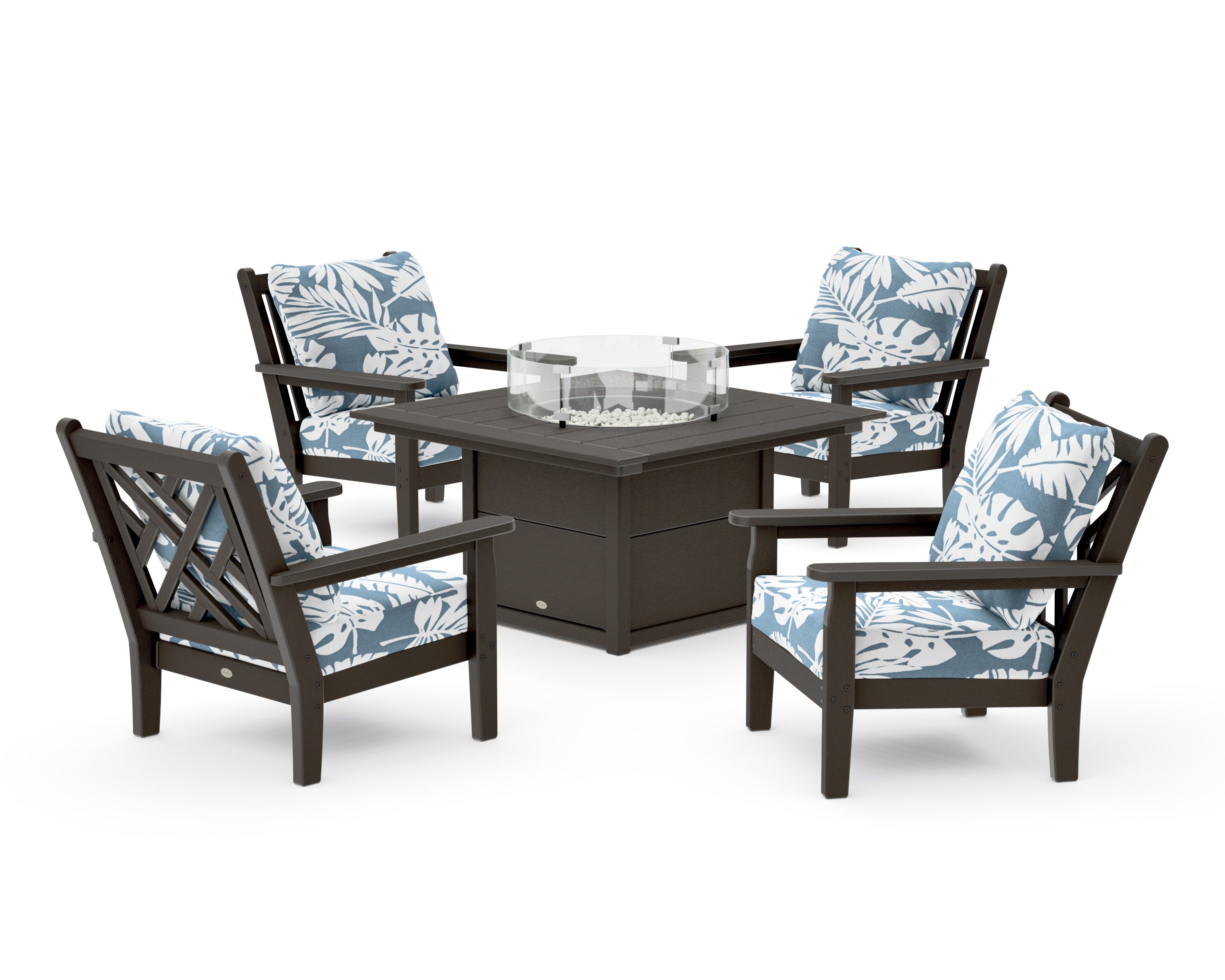 Chippendale 5-Piece Deep Seating Set with Fire Pit Table in Vintage Coffee / Leaf Sky Blue