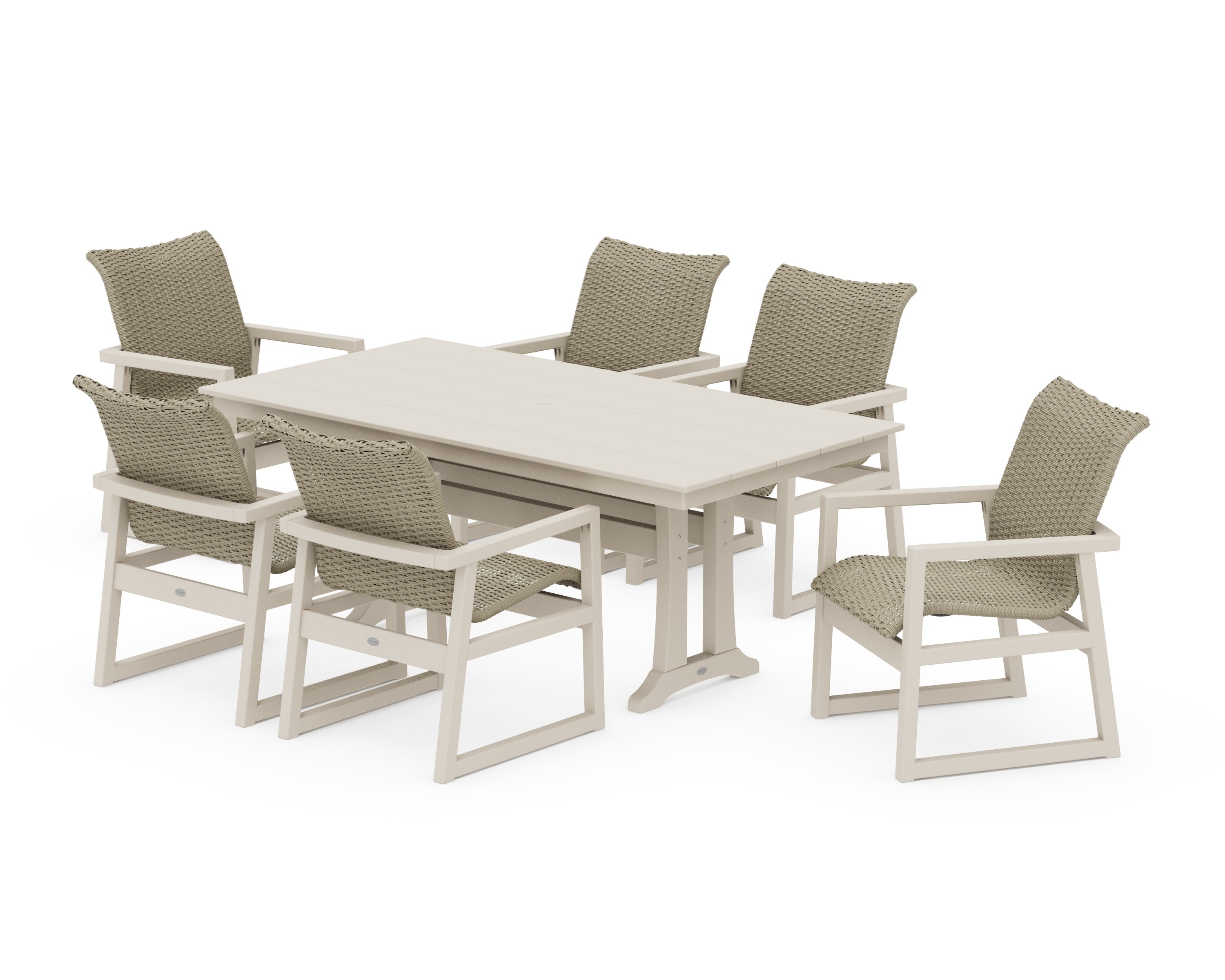 EDGE Woven Arm Chair 7-Piece Farmhouse Dining Set with Trestle Legs in Sand / Dune Grass
