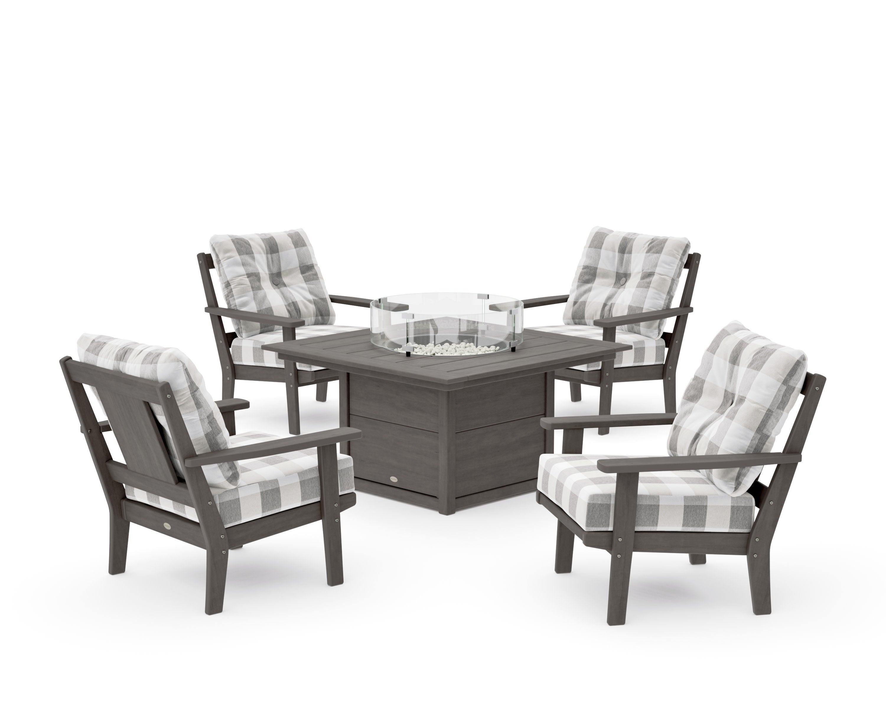 Prairie 5-Piece Deep Seating Set with Fire Pit Table in Driftwood / Buffalo Plaid Grey Mist