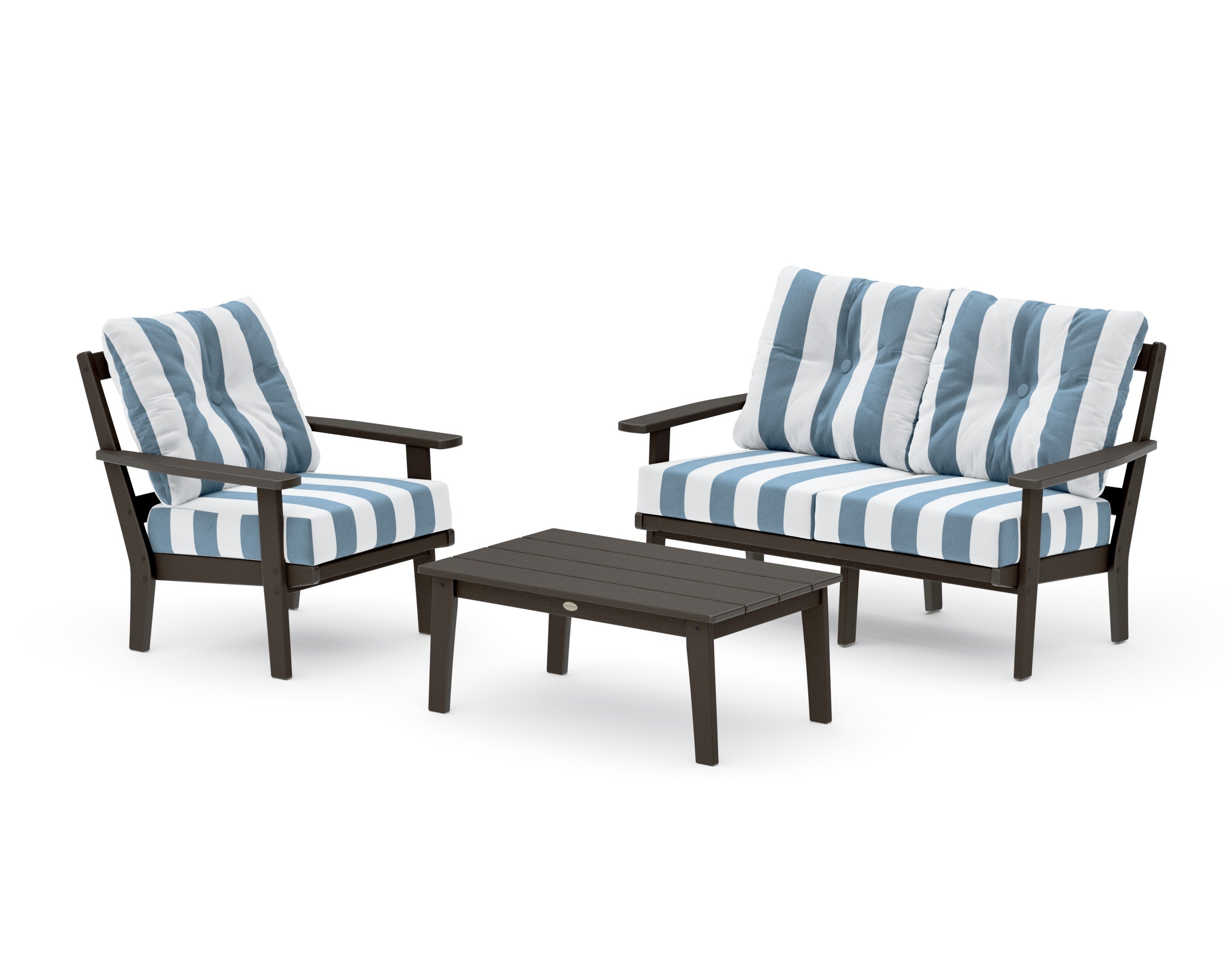 Prairie 3-Piece Deep Seating Set with Loveseat in Vintage Coffee / Cabana Stripe Sky Blue