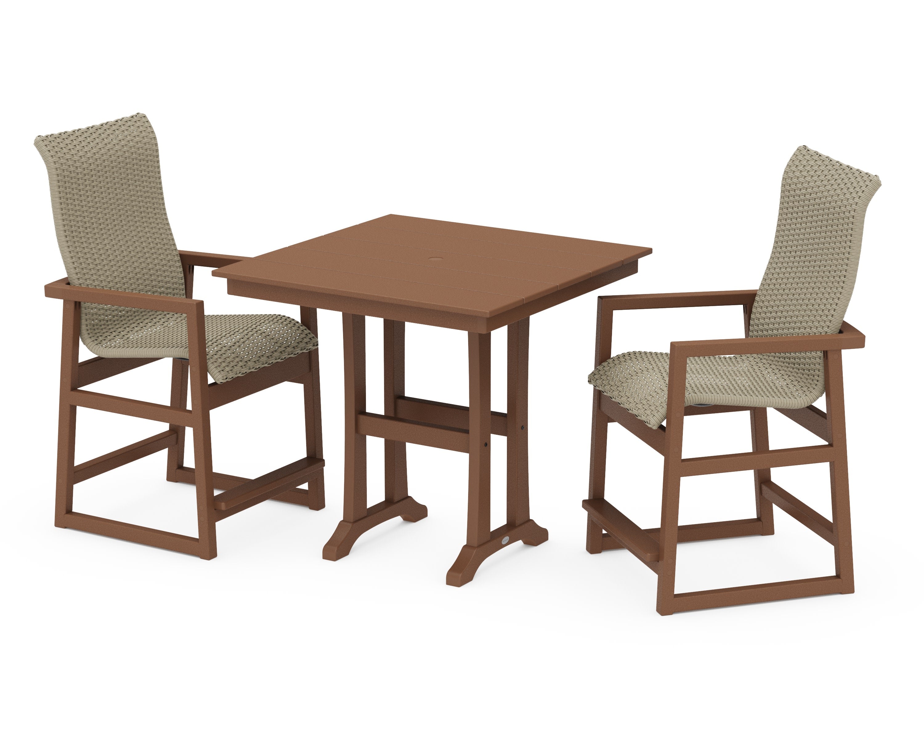 EDGE Woven Highback 3-Piece Farmhouse Counter Set with Trestle Legs in Teak / Dune Grass