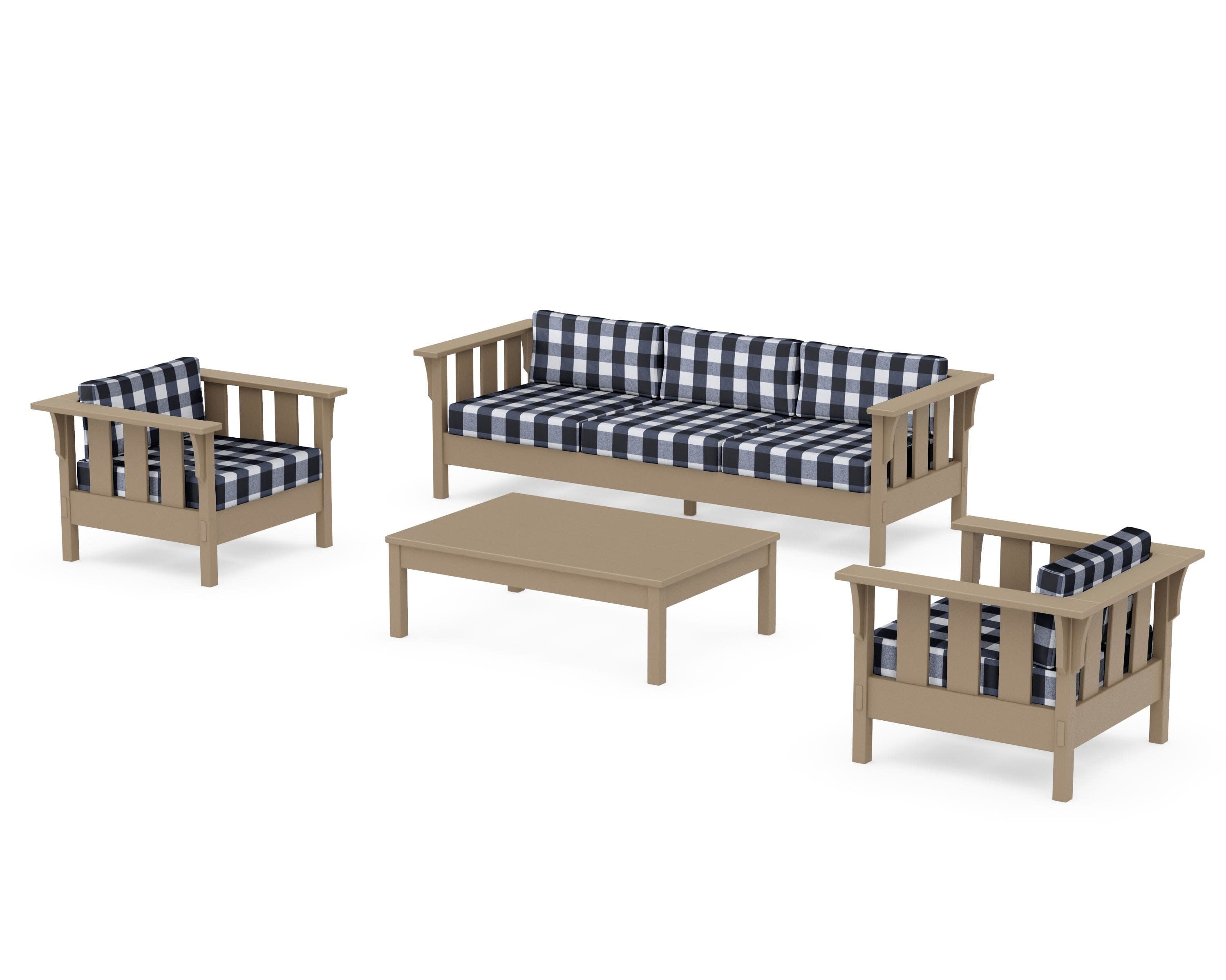 Acadia 4-Piece Deep Seating Set with Sofa in Vintage Sahara / Buffalo Plaid Marine Indigo