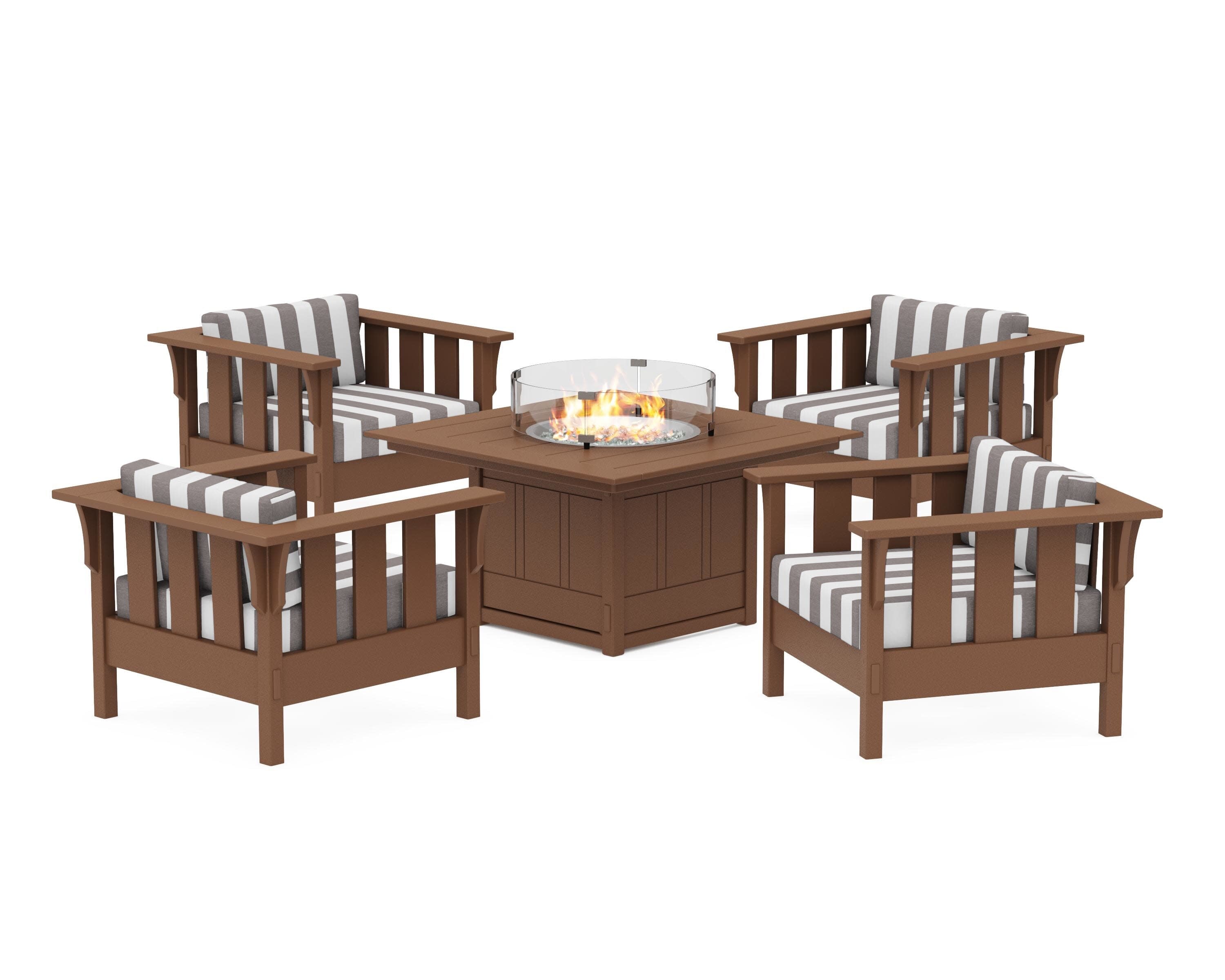 Acadia 5-Piece Deep Seating Set with Fire Pit Table in Teak / Cabana Stripe Grey Mist