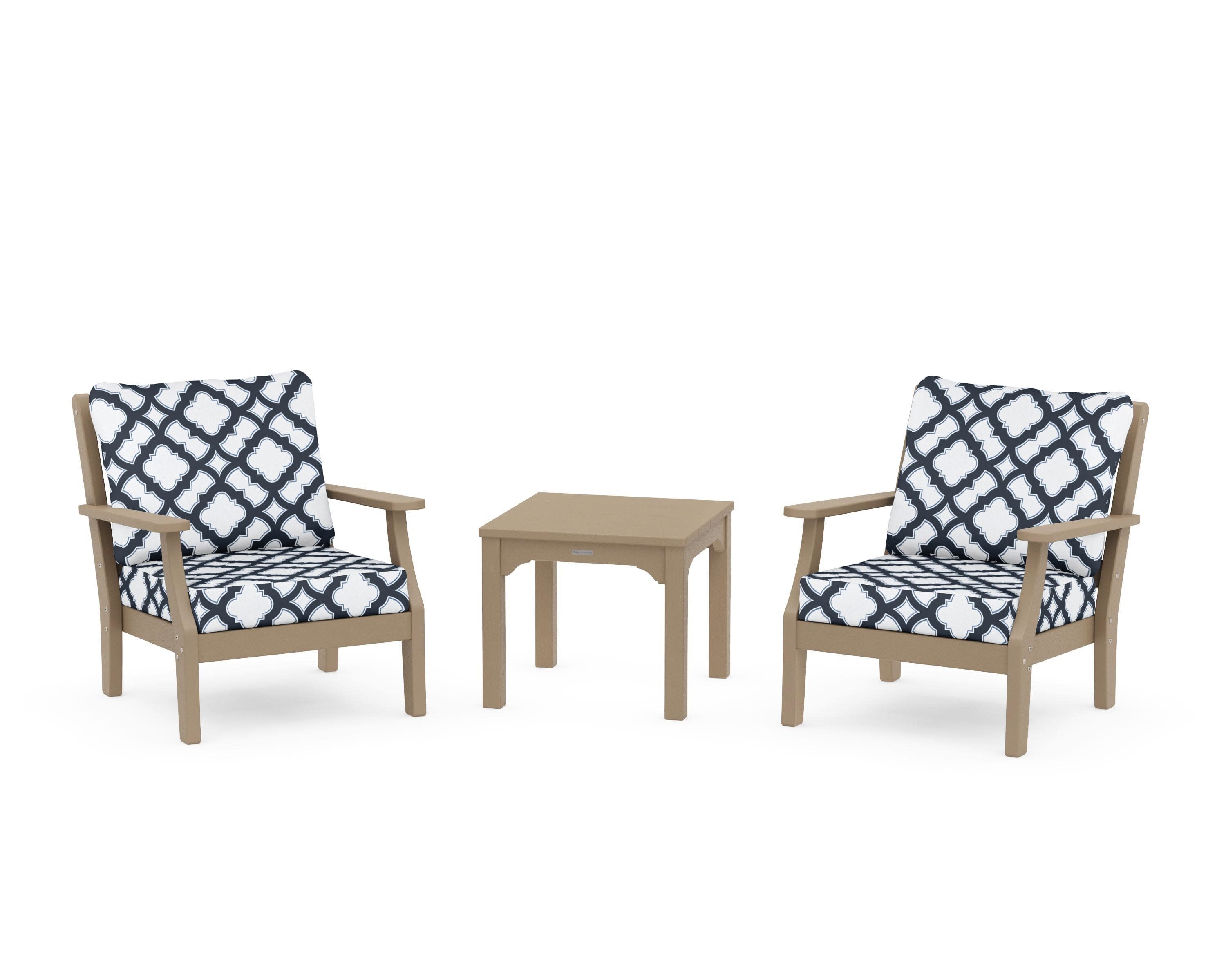 Chinoiserie 3-Piece Deep Seating Set in Vintage Sahara / Trellis Marine Indigo