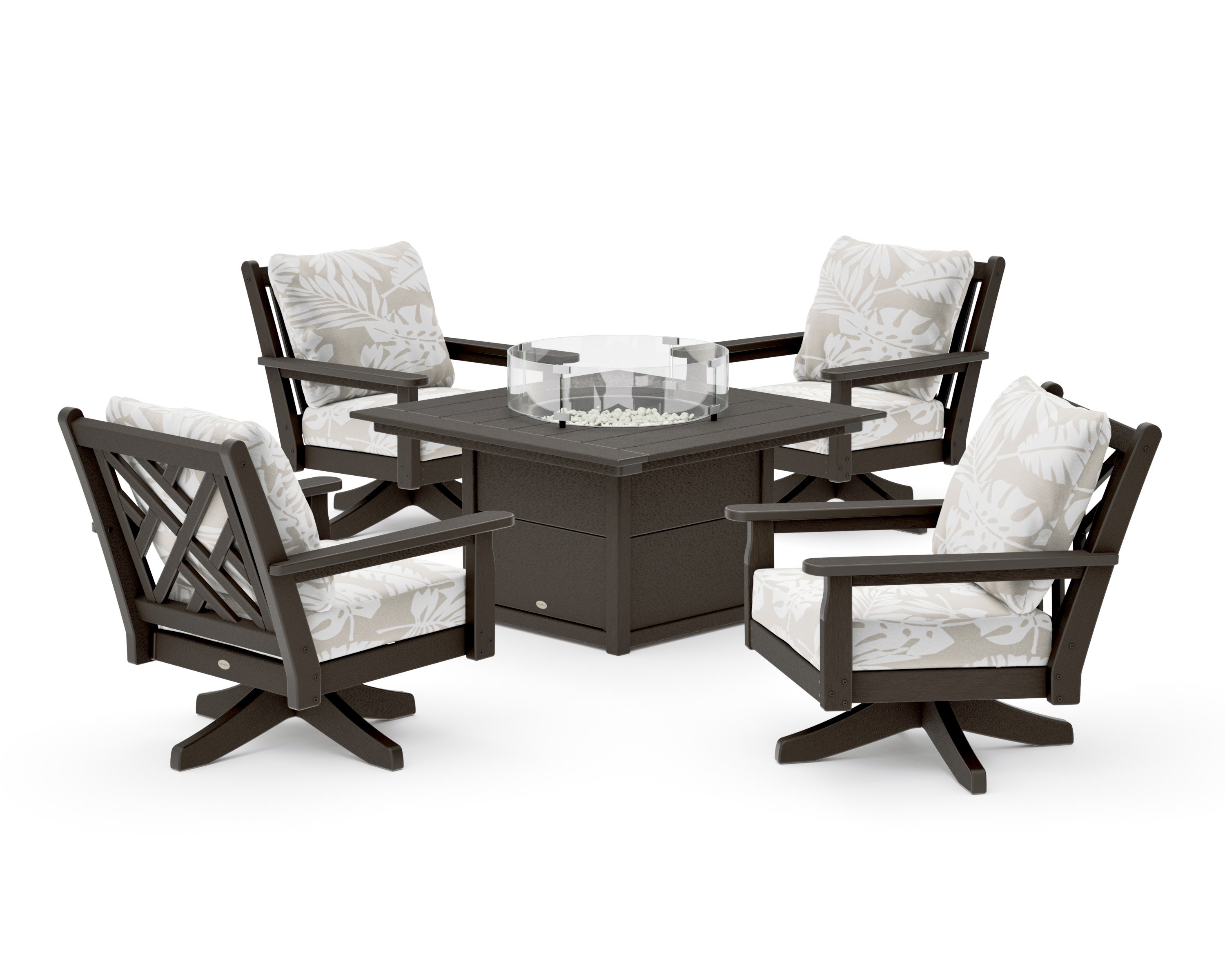 Chippendale 5-Piece Deep Seating Swivel Conversation Set with Fire Pit Table in Vintage Coffee / Leaf Dune Burlap