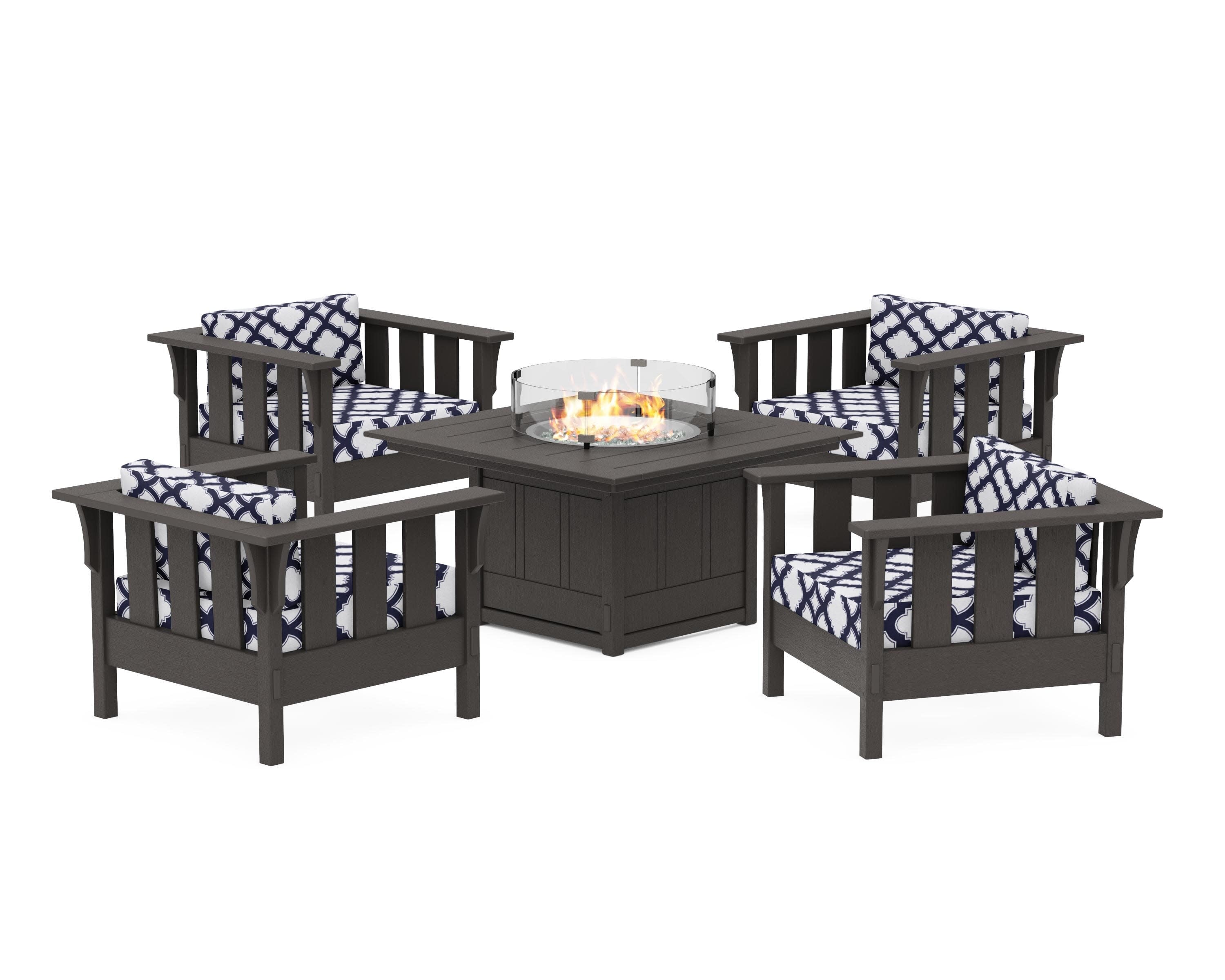 Acadia 5-Piece Deep Seating Set with Fire Pit Table in Vintage Coffee / Trellis Navy