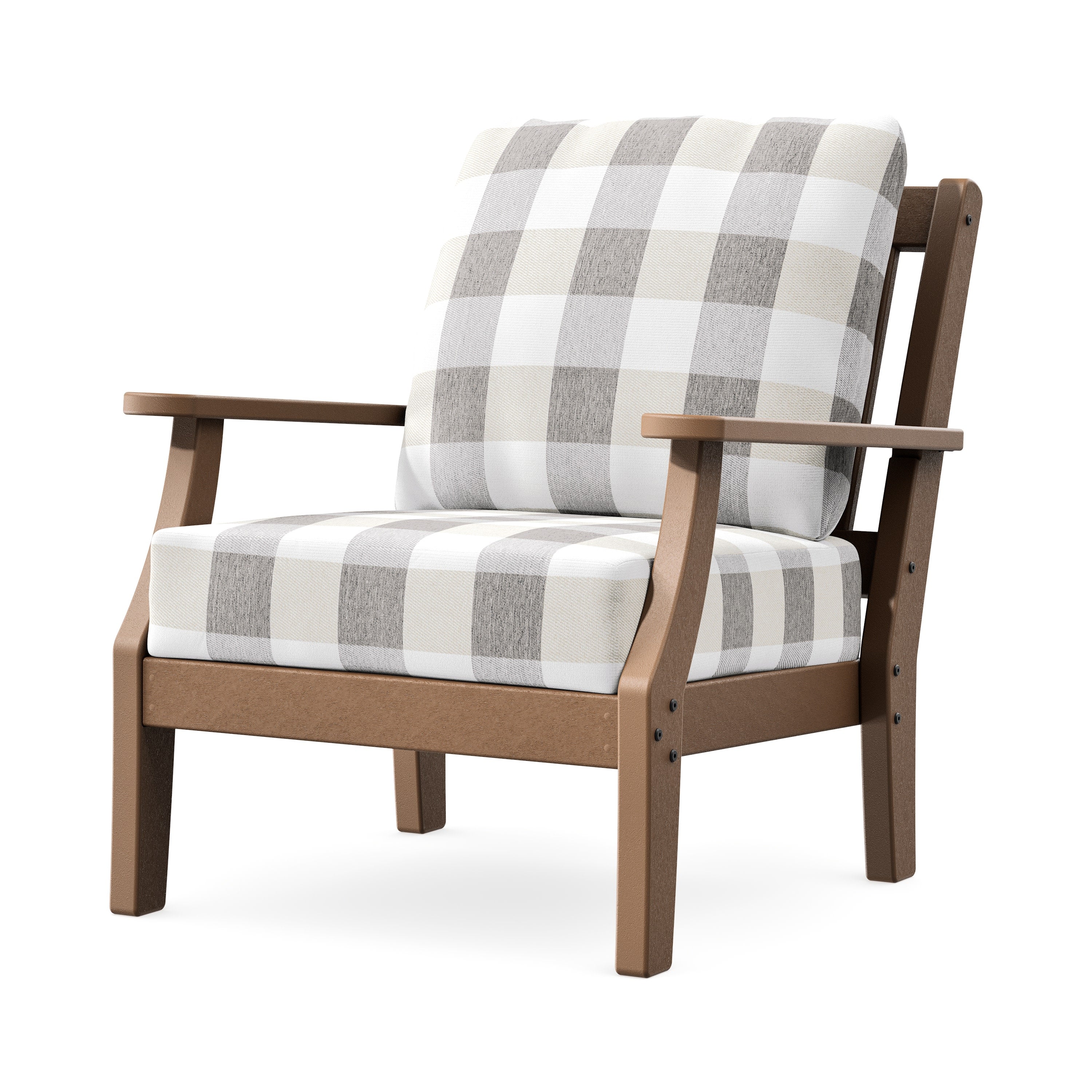 Chinoiserie Deep Seating Chair in Teak / Buffalo Plaid Grey Mist
