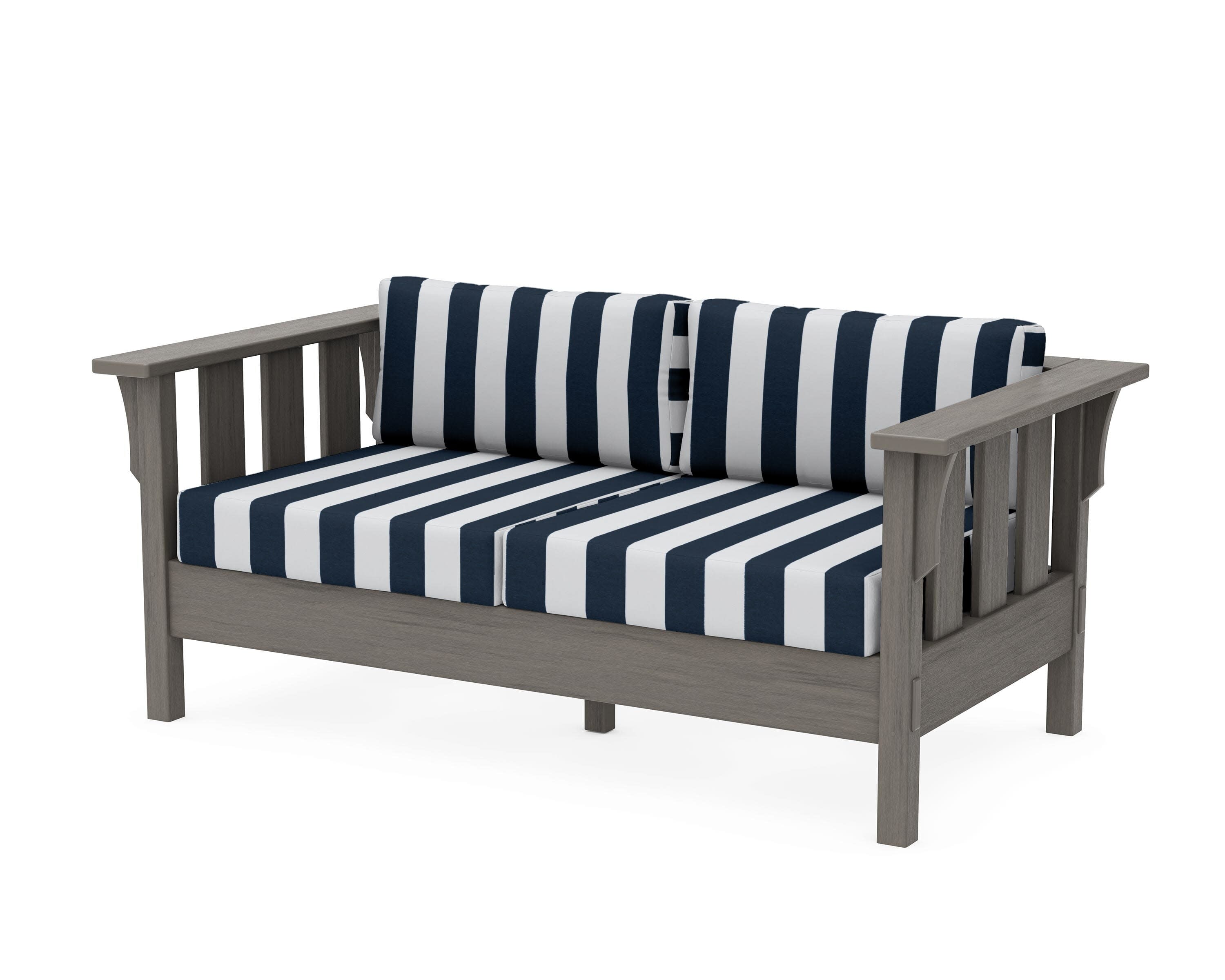 Acadia Deep Seating Loveseat in Driftwood / Cabana Stripe Marine Indigo
