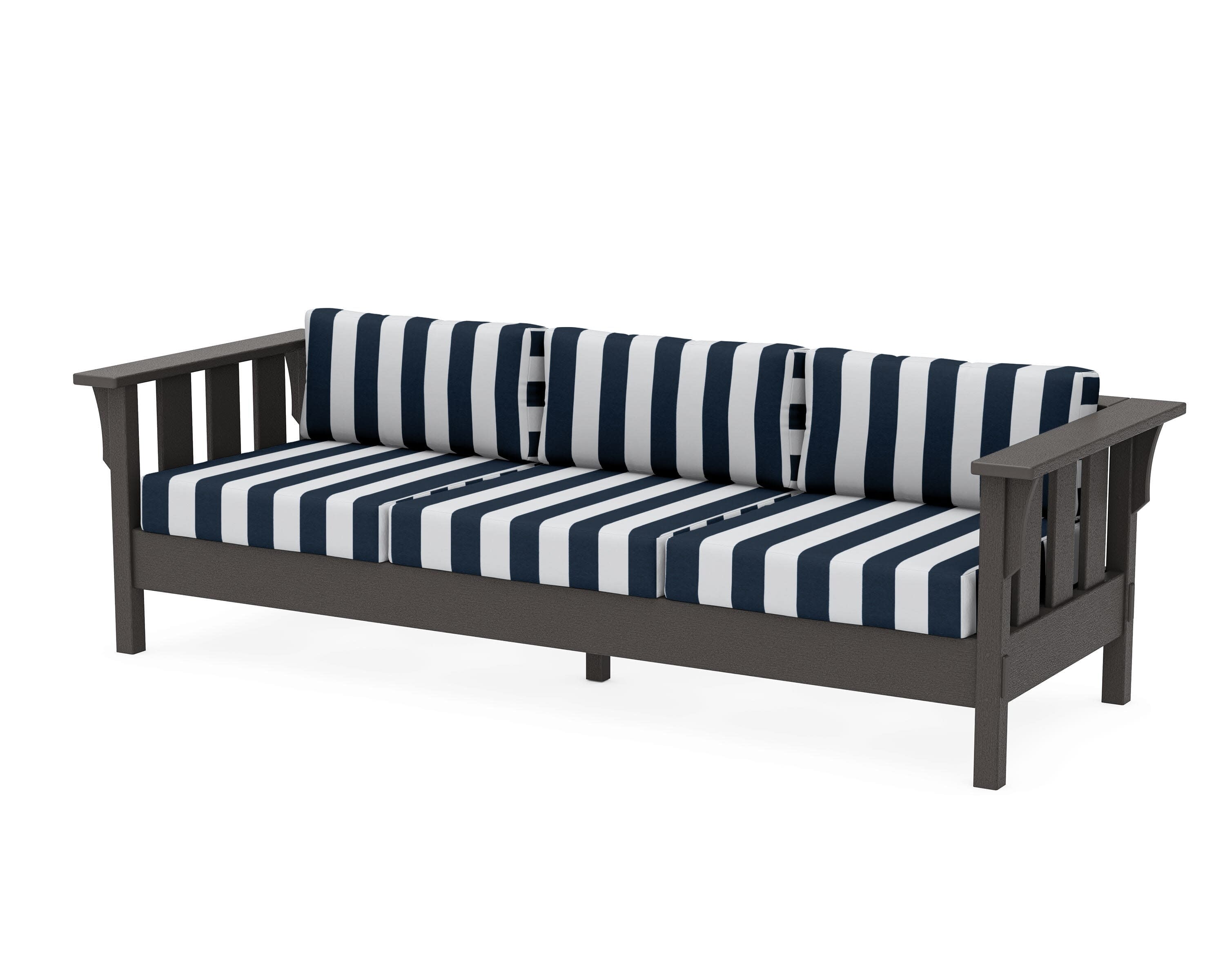 Acadia Deep Seating Sofa in Vintage Coffee / Cabana Stripe Marine Indigo