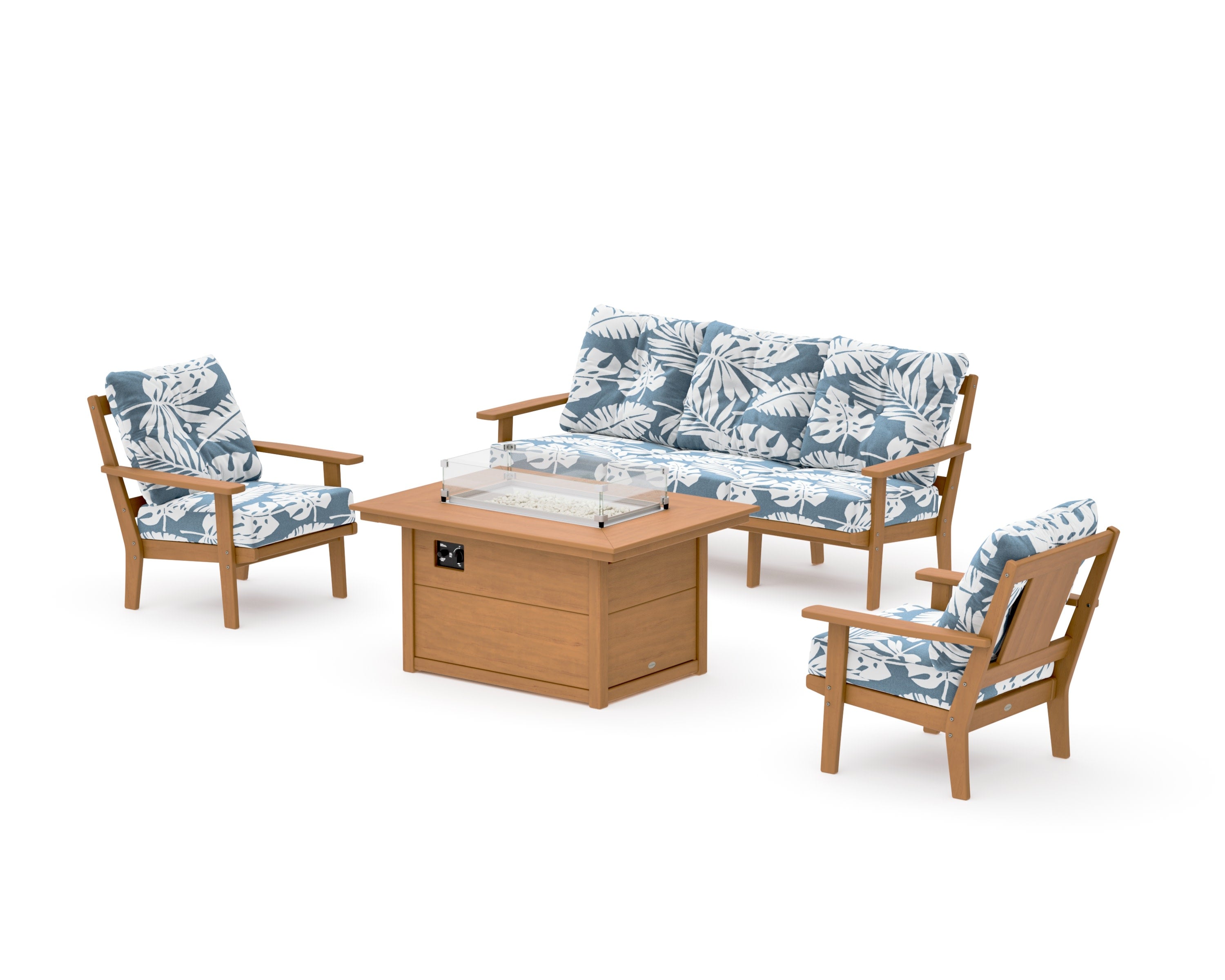 Prairie Deep Seating Fire Pit Table Set in Natural / Leaf Sky Blue