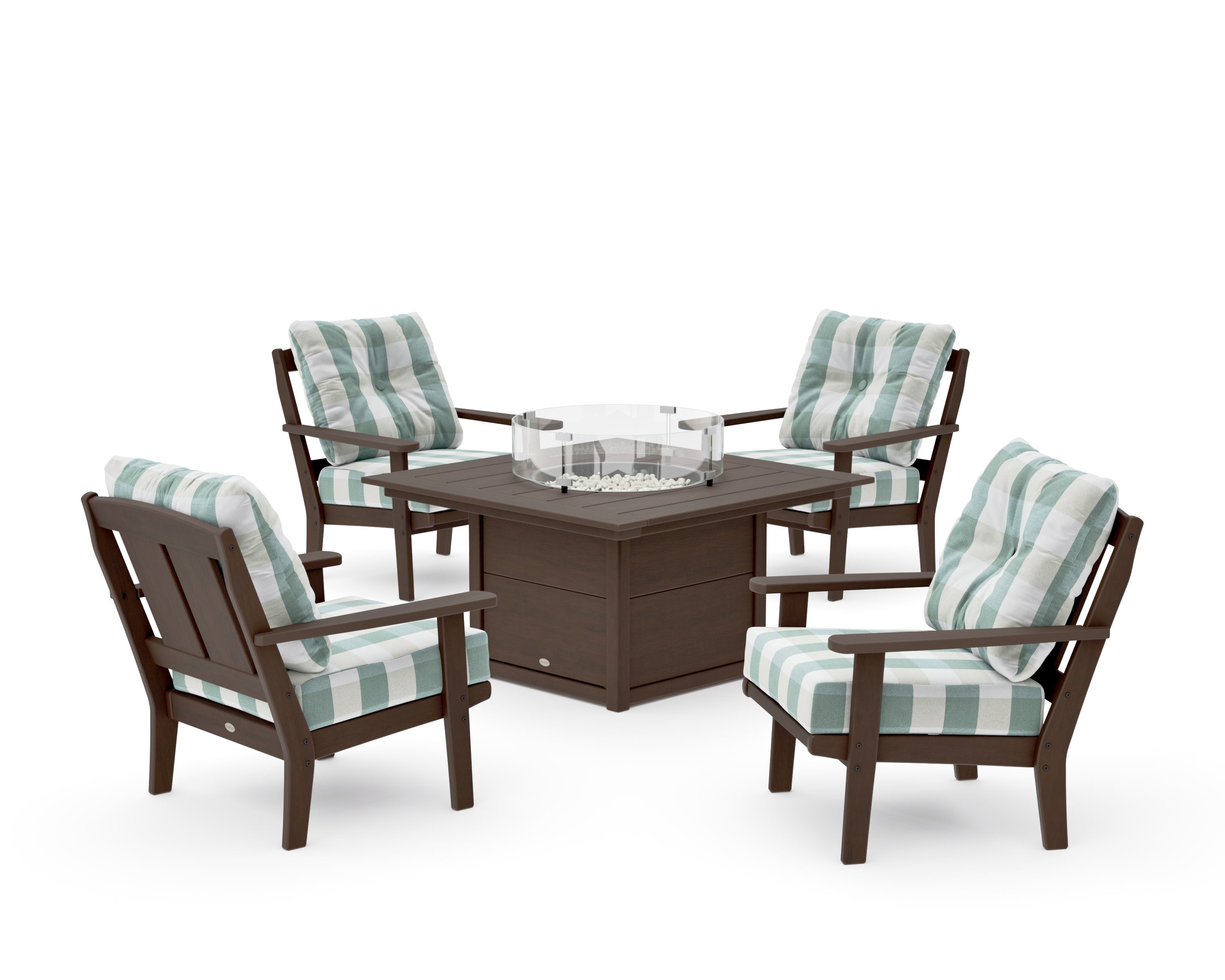 Mission 5-Piece Deep Seating Set with Fire Pit Table in Kona / Buffalo Plaid Glacier Spa