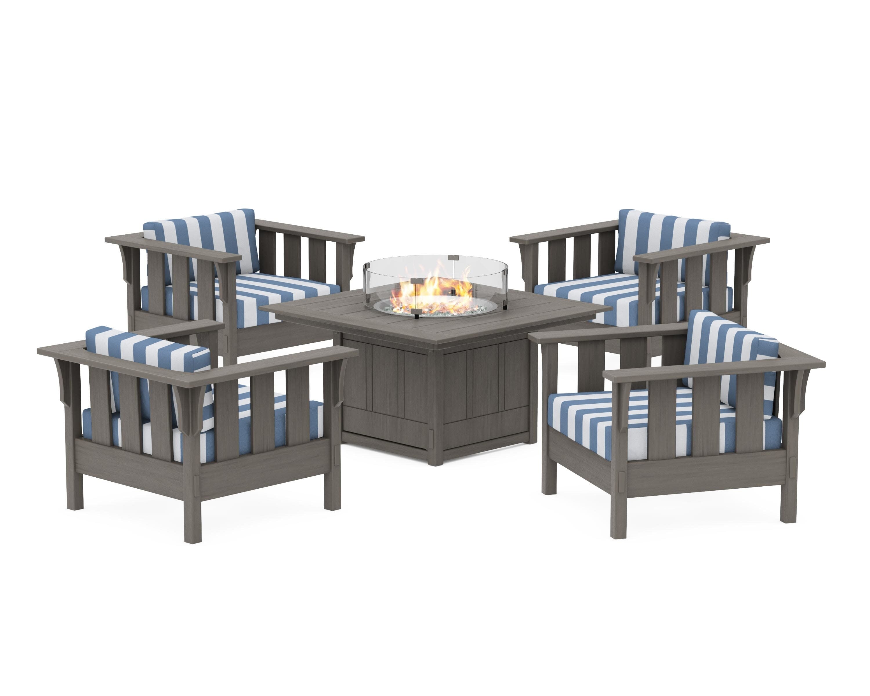 Acadia 5-Piece Deep Seating Set with Fire Pit Table in Driftwood / Cabana Stripe Sky Blue