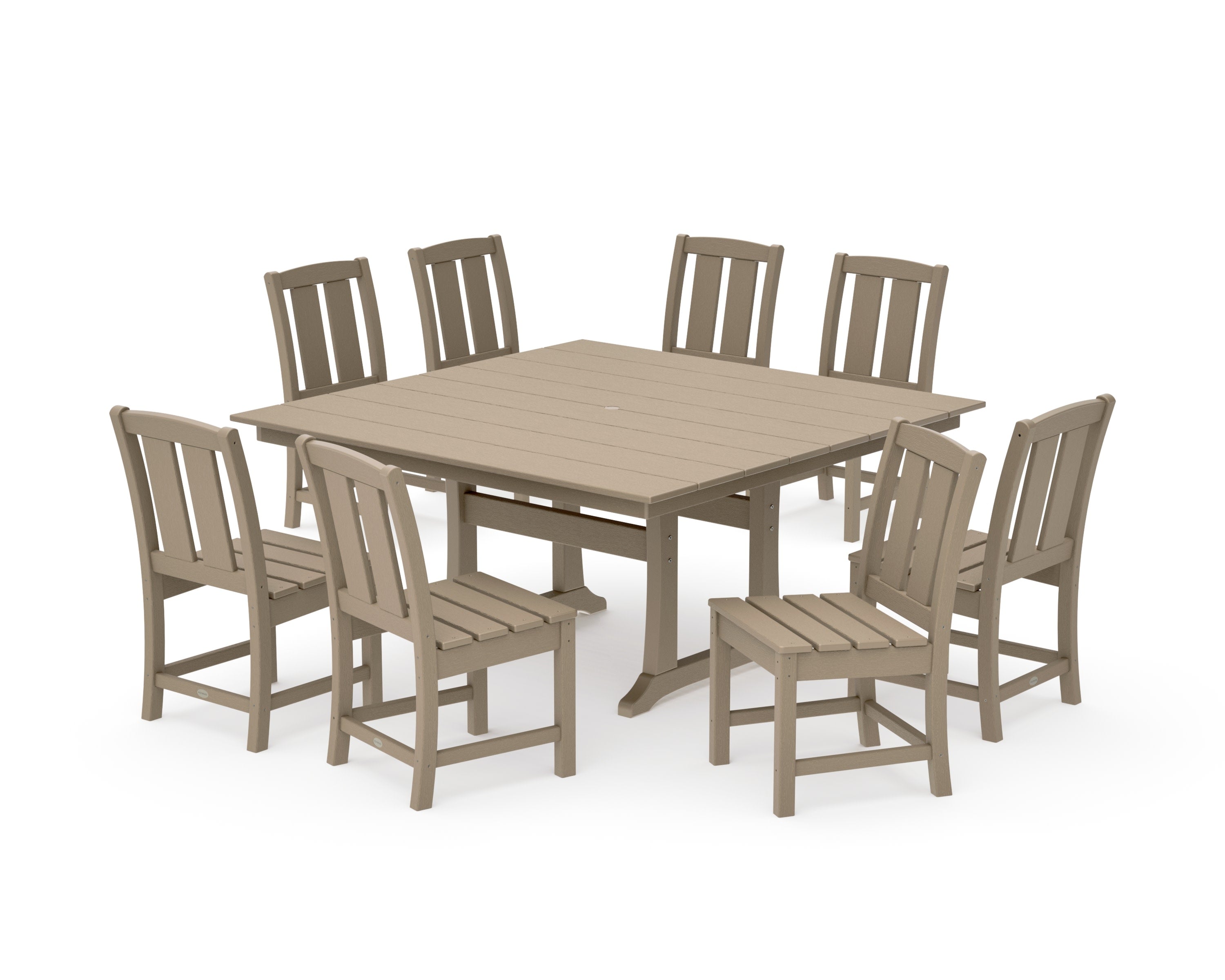Mission Side Chair 9-Piece Square Farmhouse Dining Set with Trestle Legs in Vintage Sahara