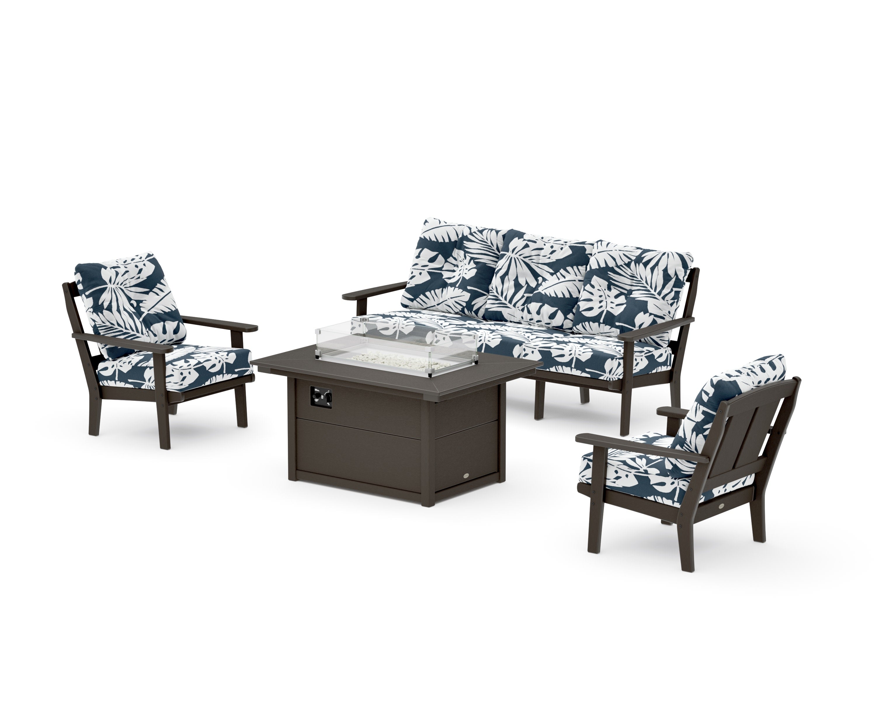Mission Deep Seating Fire Pit Table Set in Vintage Coffee / Leaf Marine Indigo