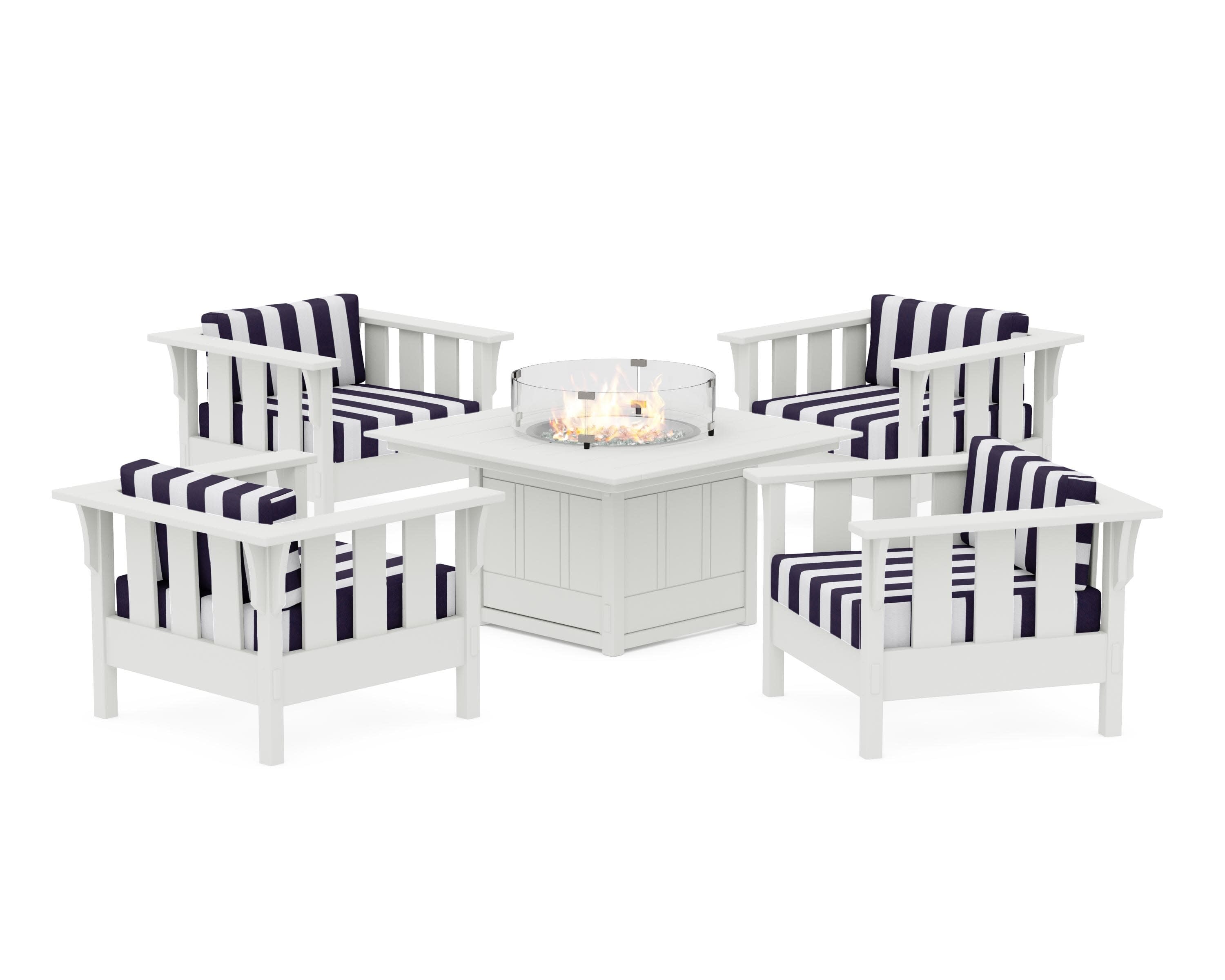 Acadia 5-Piece Deep Seating Set with Fire Pit Table in White / Cabana Stripe Navy