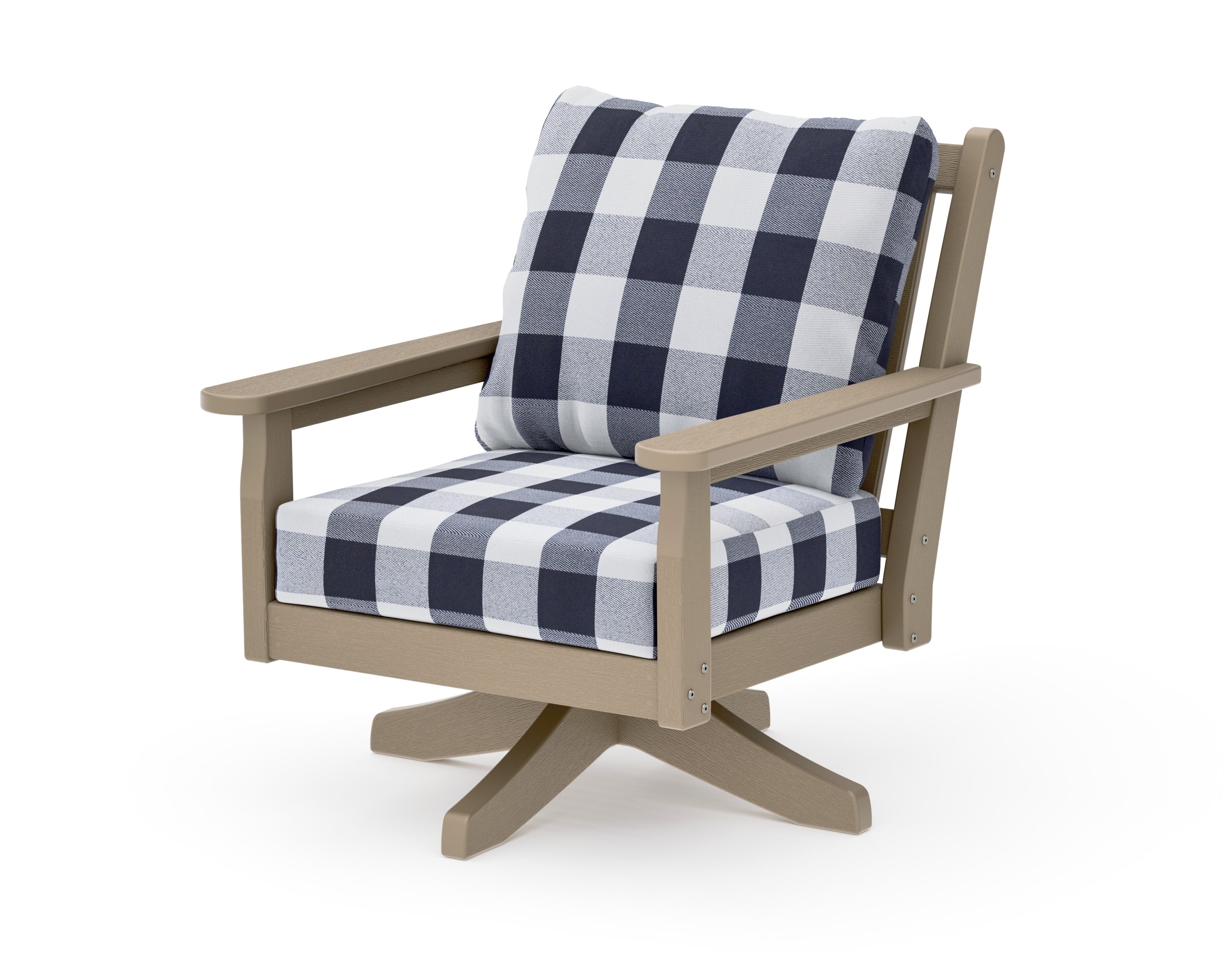 Chippendale Deep Seating Swivel Chair in Vintage Sahara / Buffalo Plaid Navy