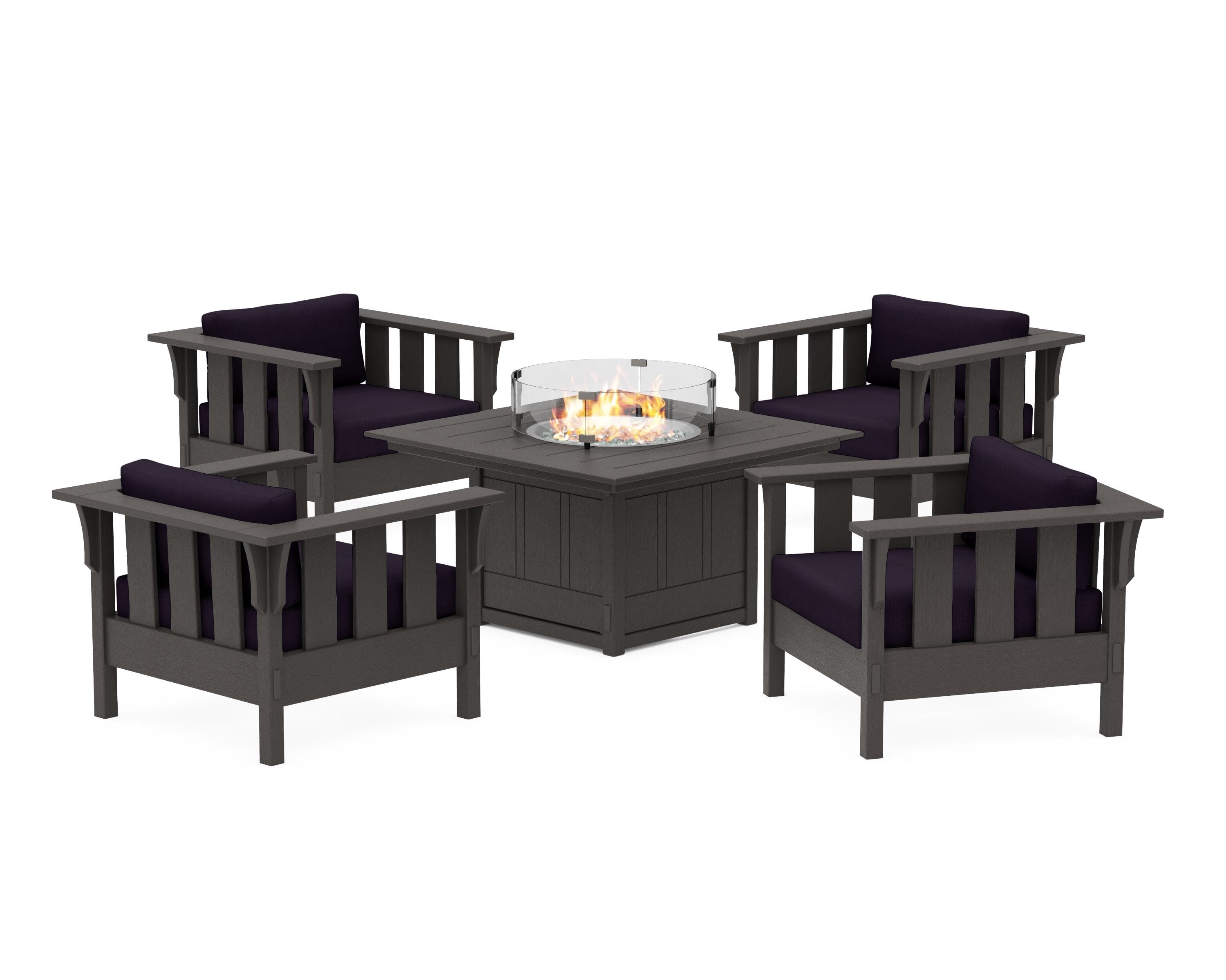 Acadia 5-Piece Deep Seating Set with Fire Pit Table in Vintage Coffee / Navy Linen