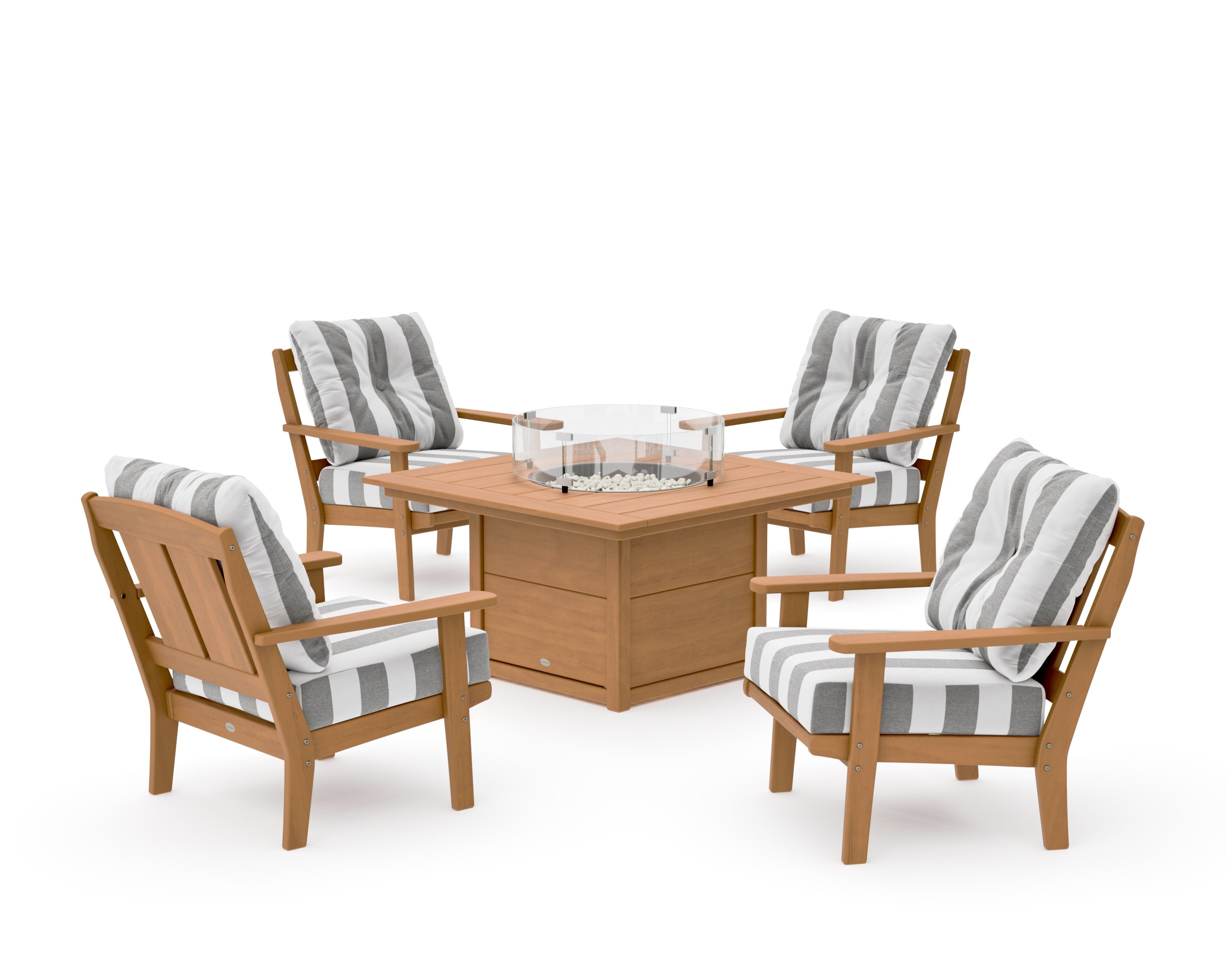 Mission 5-Piece Deep Seating Set with Fire Pit Table in Natural / Cabana Stripe Grey Mist