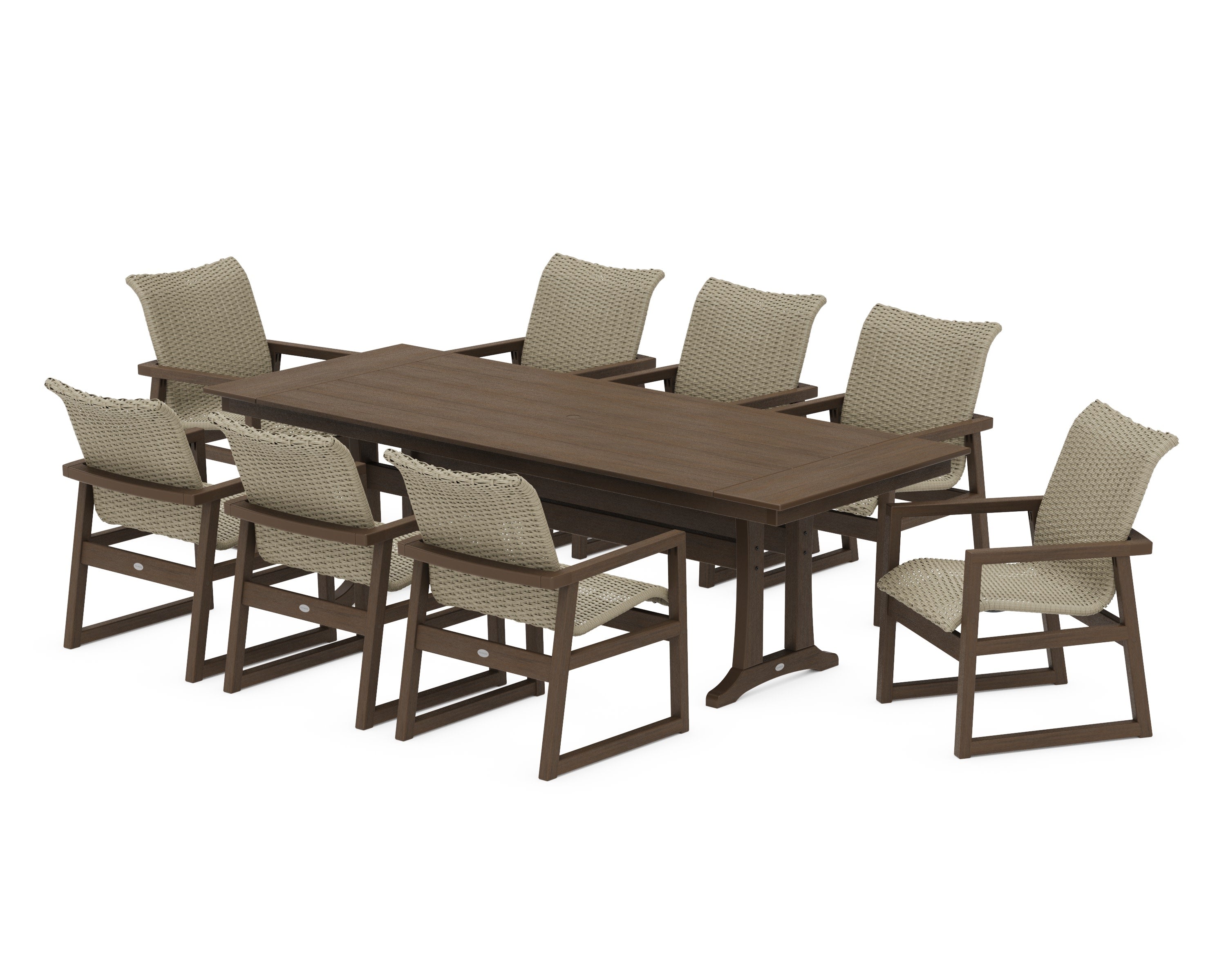 EDGE Woven 9-Piece Farmhouse Dining Set with Trestle Legs in Kona / Dune Grass