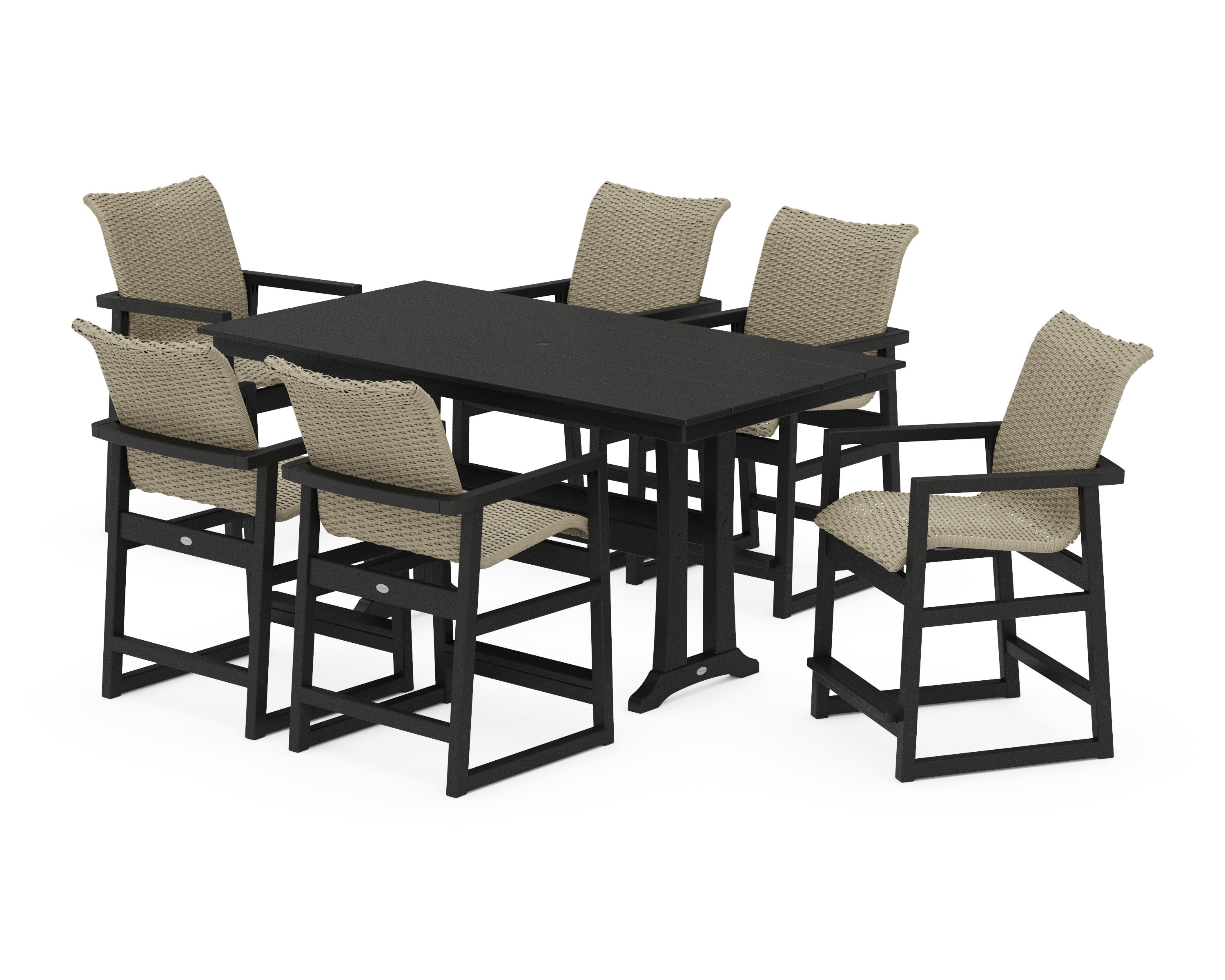 EDGE Woven Arm Chair 7-Piece Farmhouse Counter Set with Trestle Legs in Black / Dune Grass
