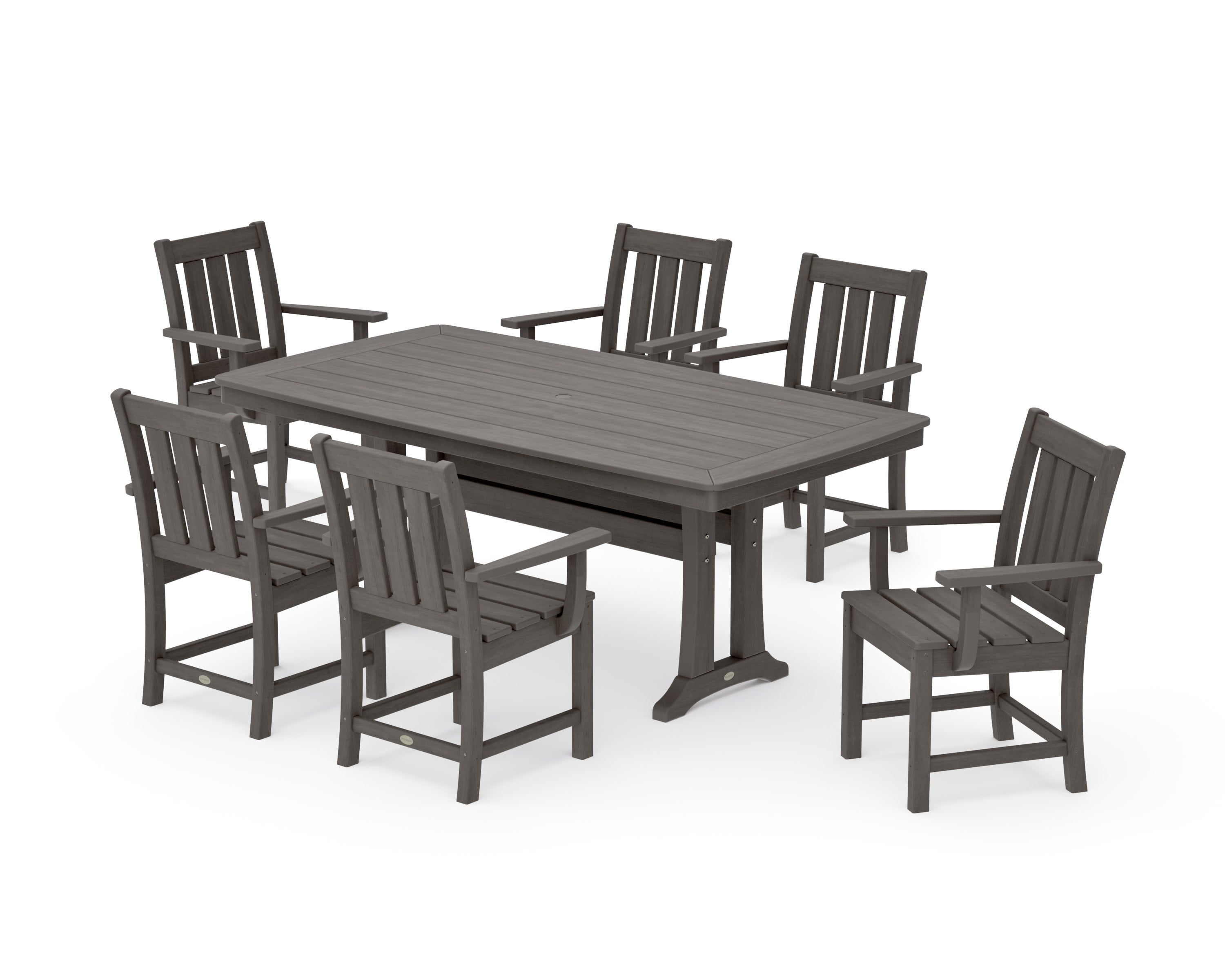Oxford Arm Chair 7-Piece Dining Set with Trestle Legs in Driftwood